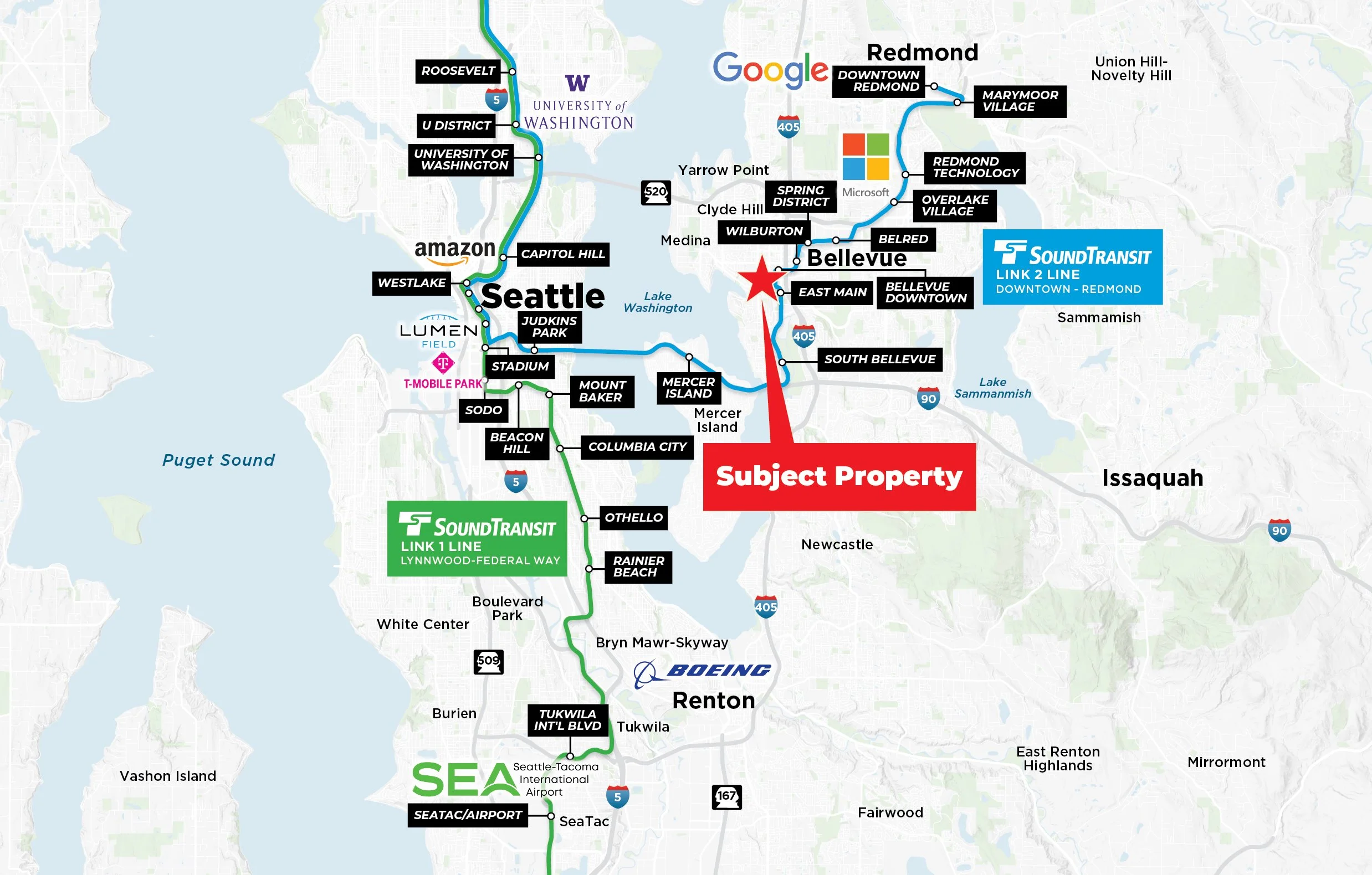 Map of Seattle area showing transportation lines, landmarks, and locations, with a red star marking a subject property.