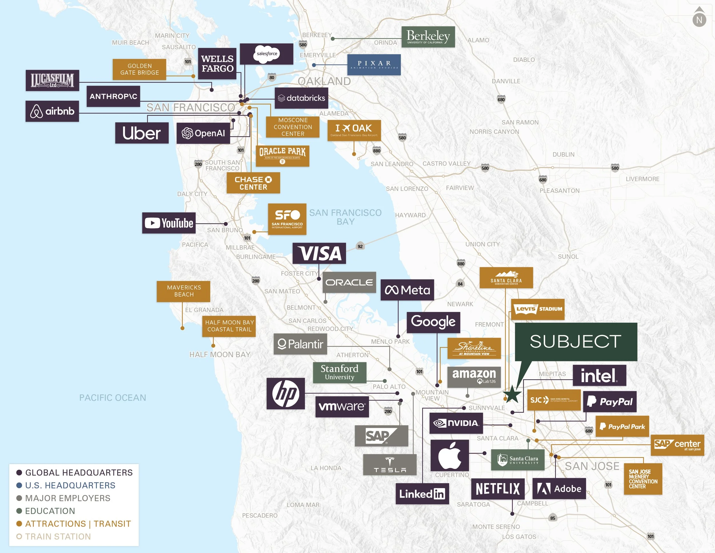Map showing major company headquarters and employers in the San Francisco Bay Area, including logos of companies like Google, Apple, Facebook, Tesla, Intel, Netflix, and others, with a legend indicating different categories such as global headquarter