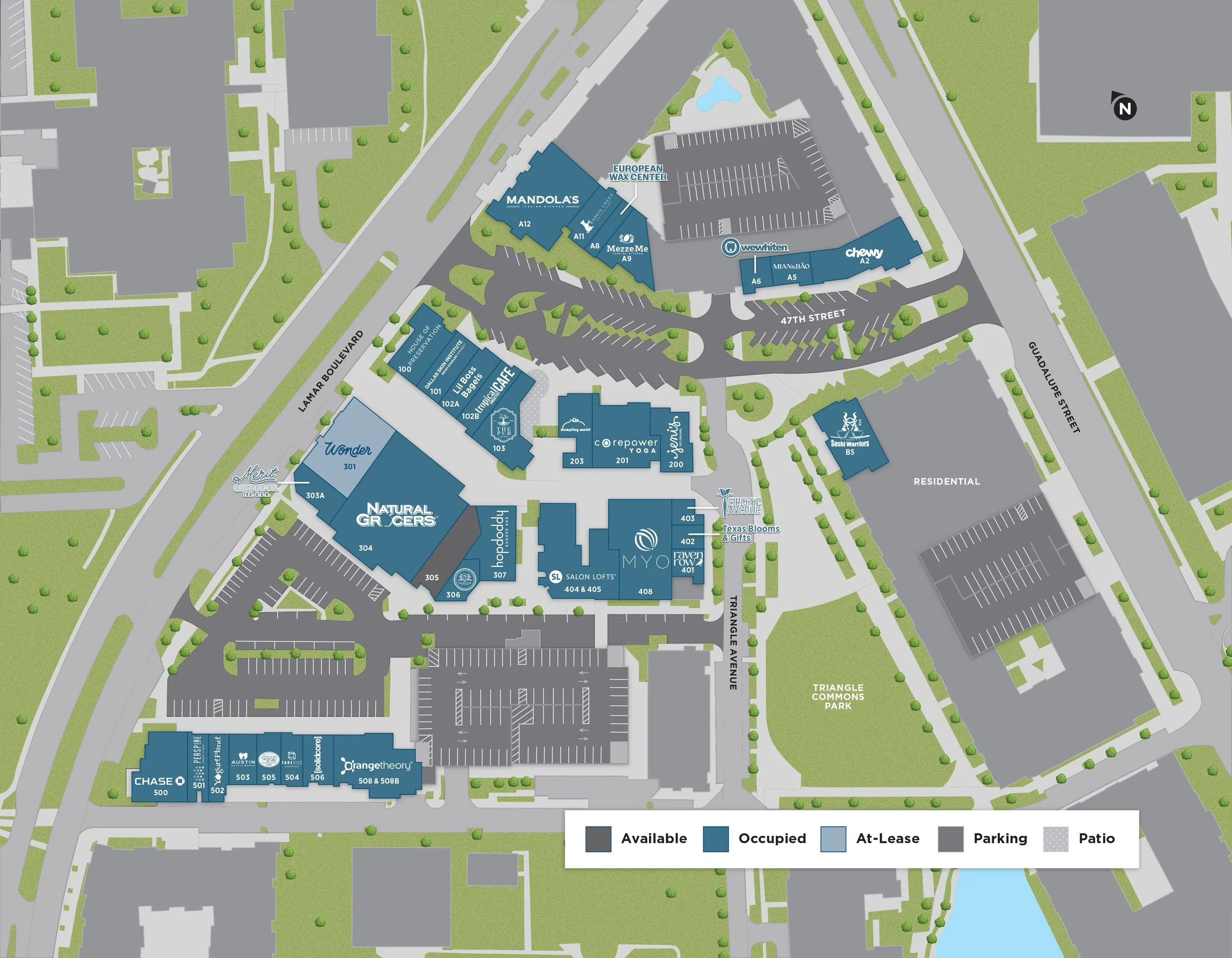 A colorful map showing a commercial area with labeled businesses, parking lots, and surrounding streets. The map highlights available, occupied, and at-lease spaces, along with green areas and pathways.