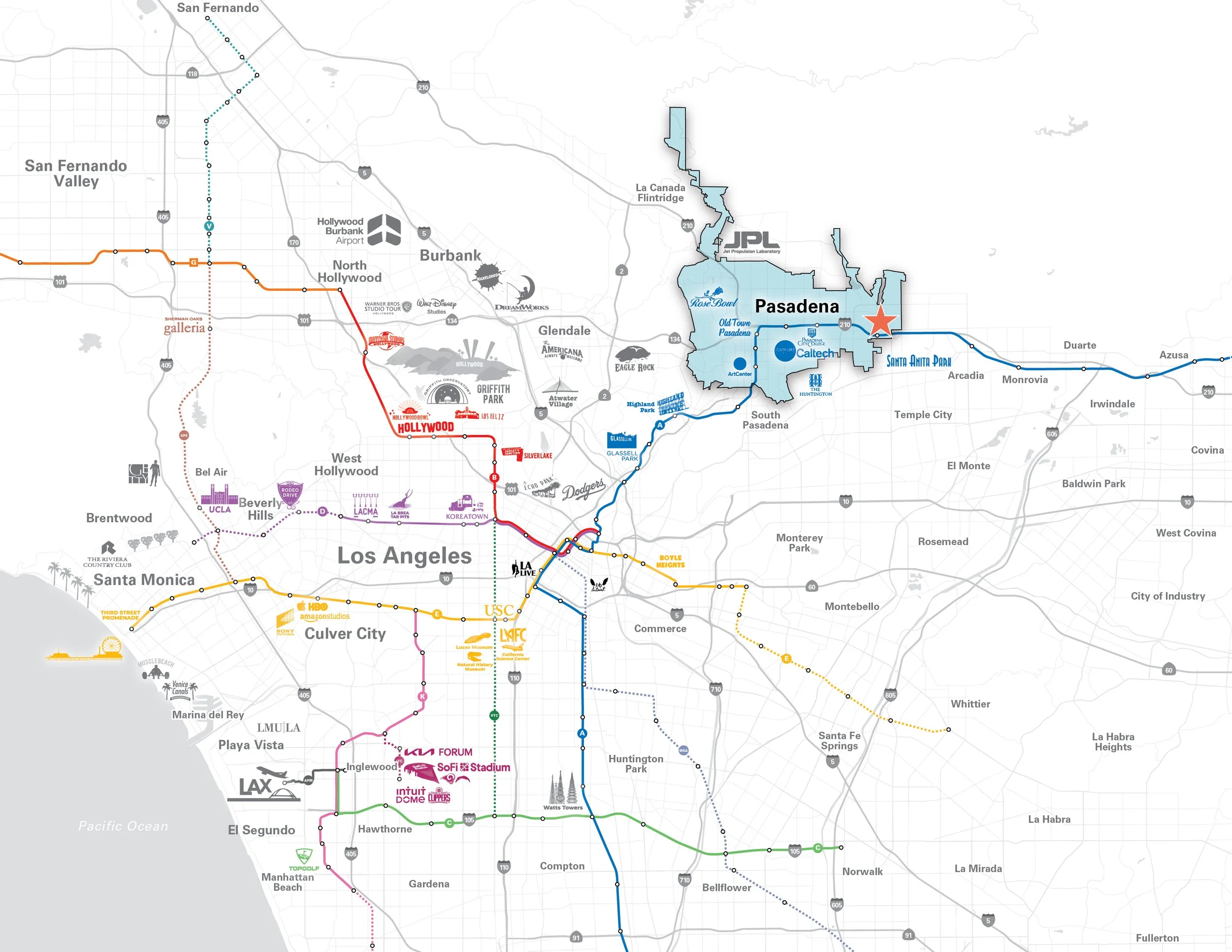 Map of Los Angeles transit system with various metro lines, landmarks, and neighborhoods labeled.