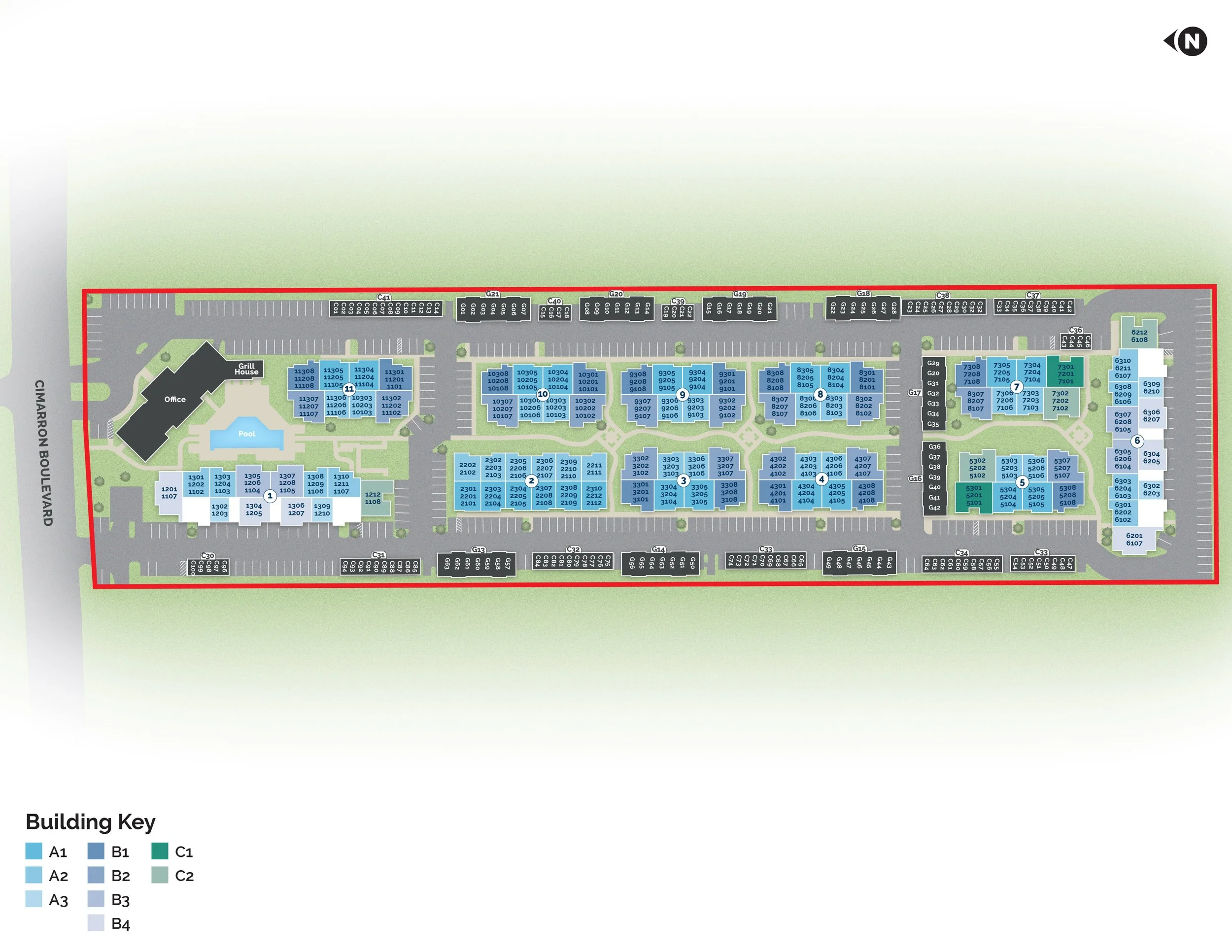 A detailed site map of a residential complex with buildings labeled by colors and numbers, parking areas, a pool, an office, a grill house, and a layout key at the bottom explaining the building labels and colors.