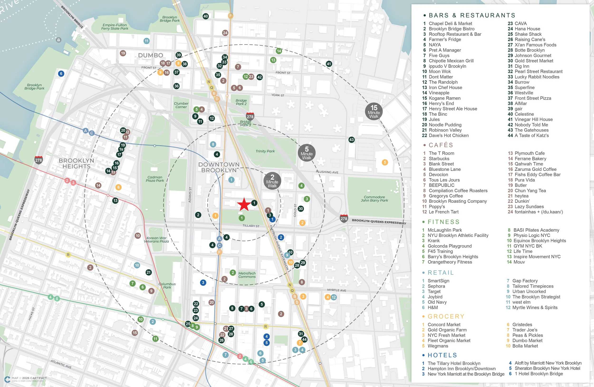 Map of Brooklyn, New York, highlighting neighborhoods, streets, parks, bars, cafes, retail stores, hotels, and landmarks.