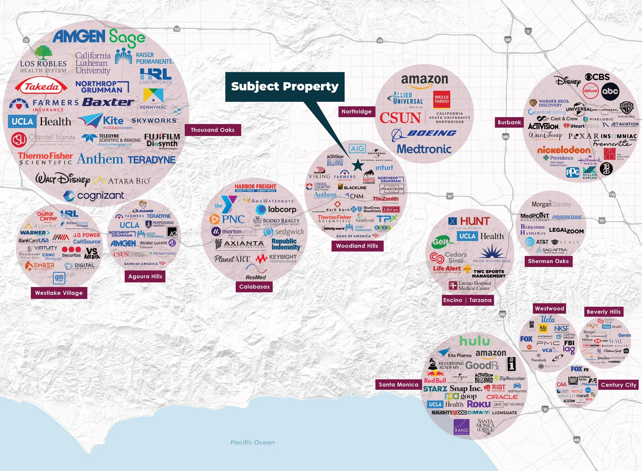 Map showing various company logos and locations in Southern California, with the subject property situated near Northridge, Los Angeles. Included are logos of major corporations like Amazon, Disney, CBS, UCLA Health, and other businesses across diffe