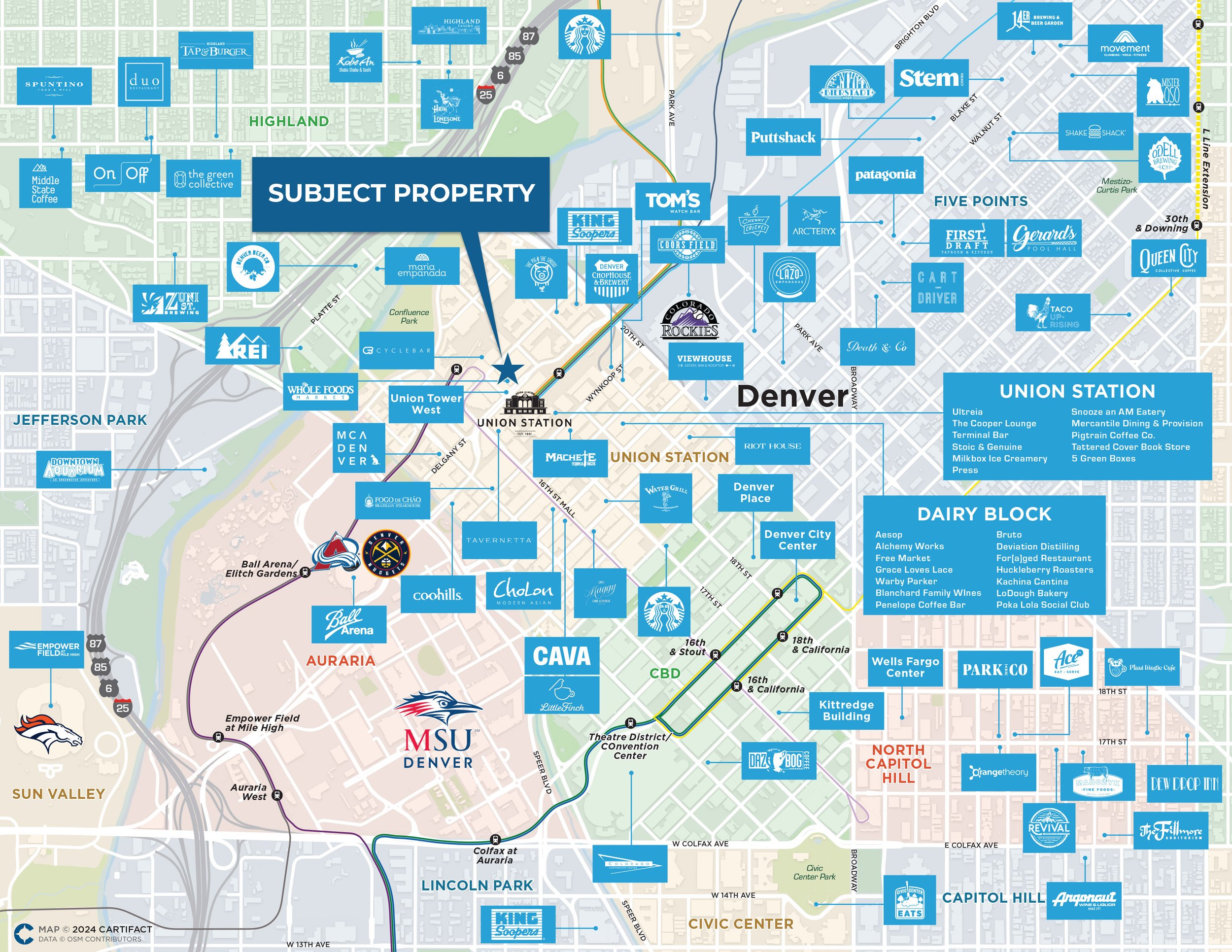 A detailed map of Denver, Colorado, highlighting neighborhoods, parks, parks, streets, and various businesses and landmarks with labeled icons and text, including the subject property.