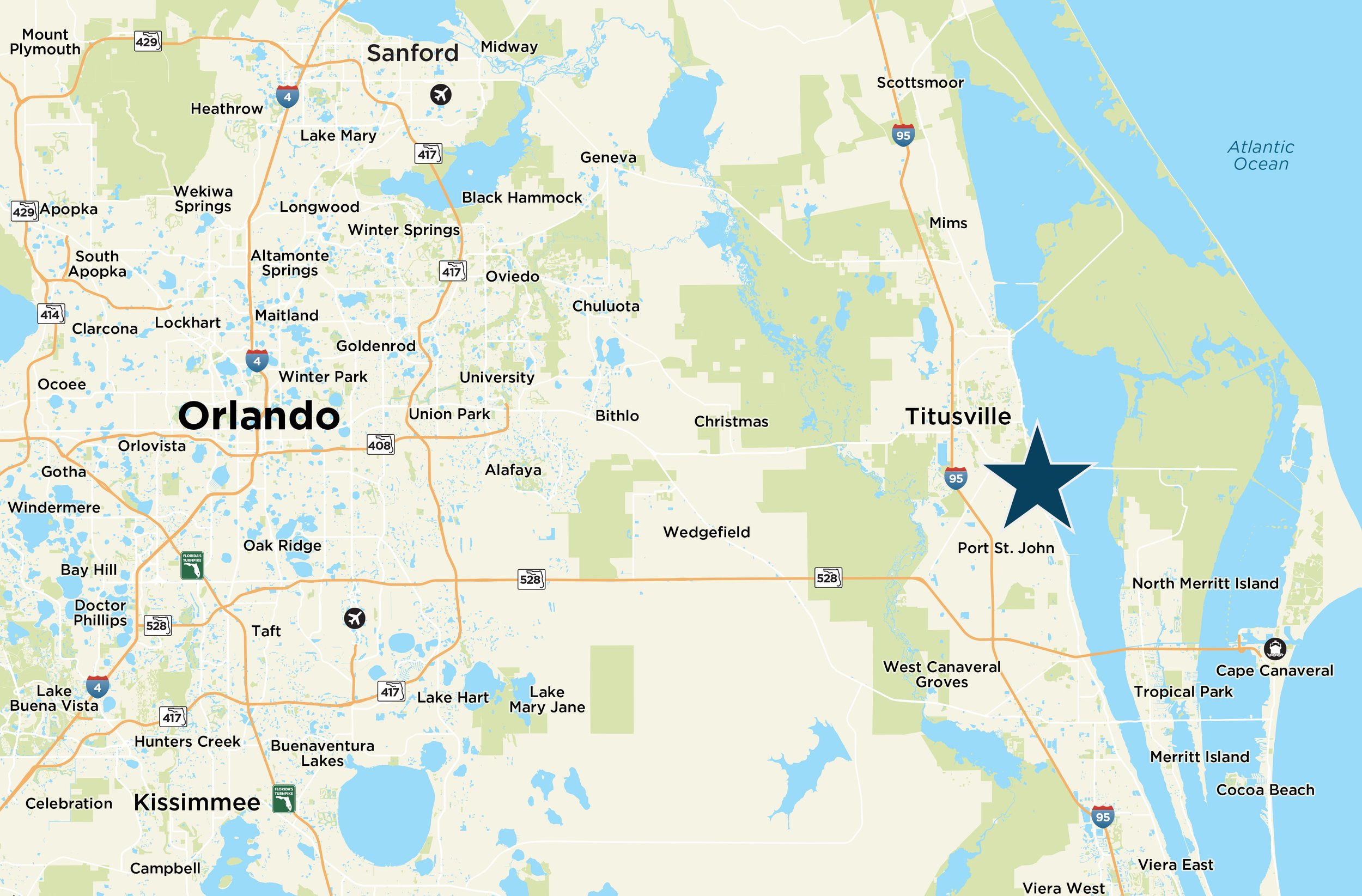 Map showing parts of Orlando, Florida, and nearby cities and towns, including Titusville, Cape Canaveral, Cocoa Beach, and Merritt Island, with a large star marker indicating a specific location near Port St. John.