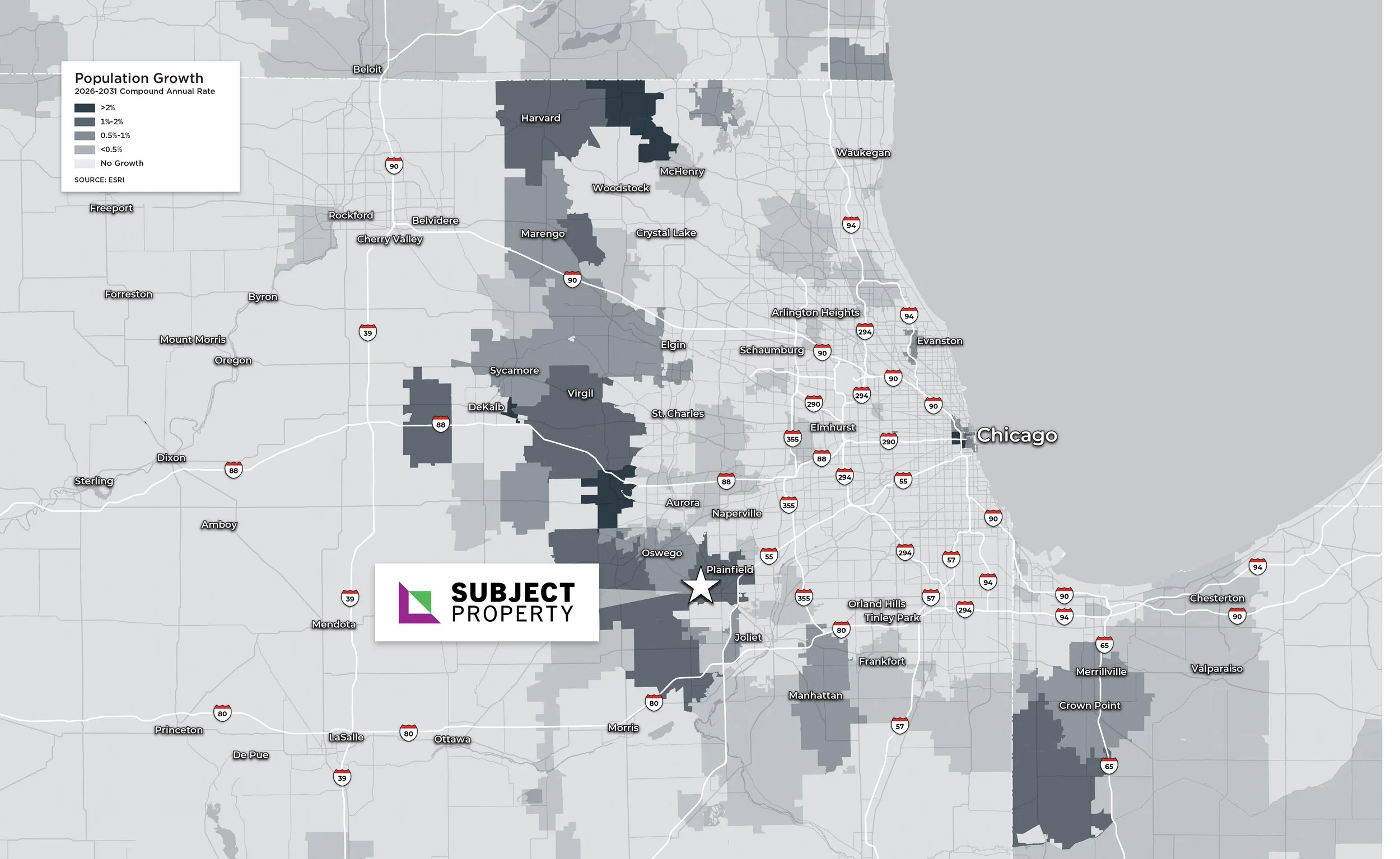 Map of the Chicago area showing population growth from 2026 to 2031 with color coding for growth rates, including Harverd, McHenry, and other suburbs, with a legend indicating growth percentages and a subject property marked with a star.
