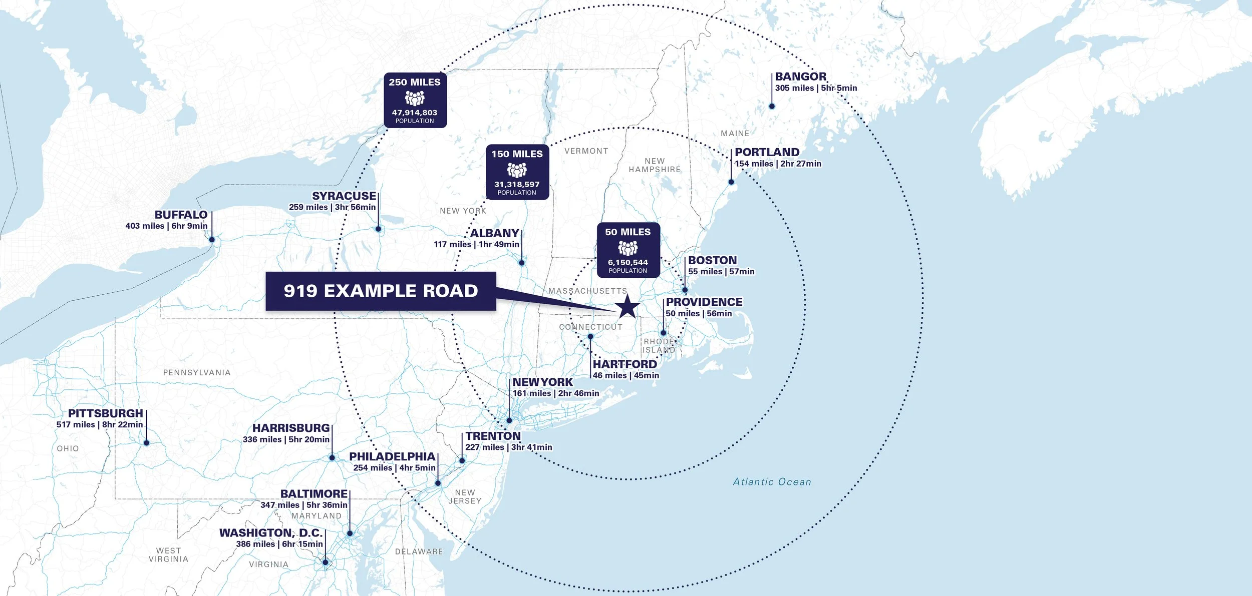 Map of the northeastern United States showing distances and travel times from 919 Example Road in Massachusetts to various cities including Baltimore, Washington D.C., New York, Albany, Syracuse, Buffalo, Pittsburgh, Harrisburg, Philadelphia, Hartfor