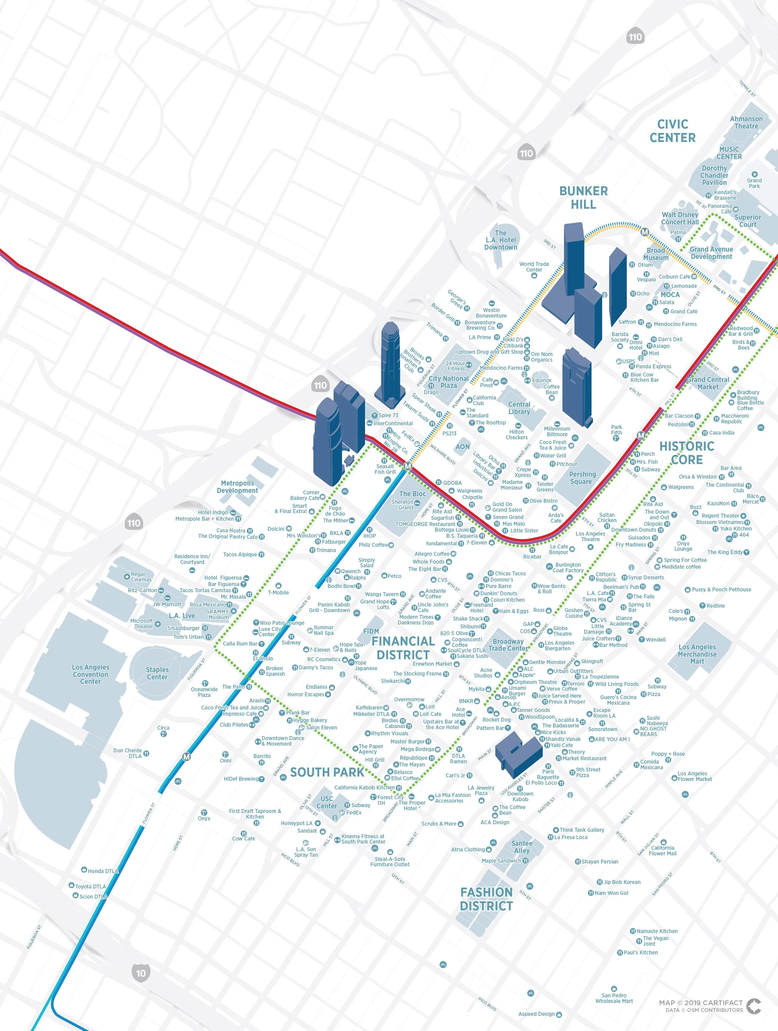 Map of Los Angeles neighborhoods with prominent areas labeled, including Downtown, South Park, Fashion District, Bunker Hill, Civic Center, and Historic Core. Features colored lines indicating transportation routes and clusters of local businesses an