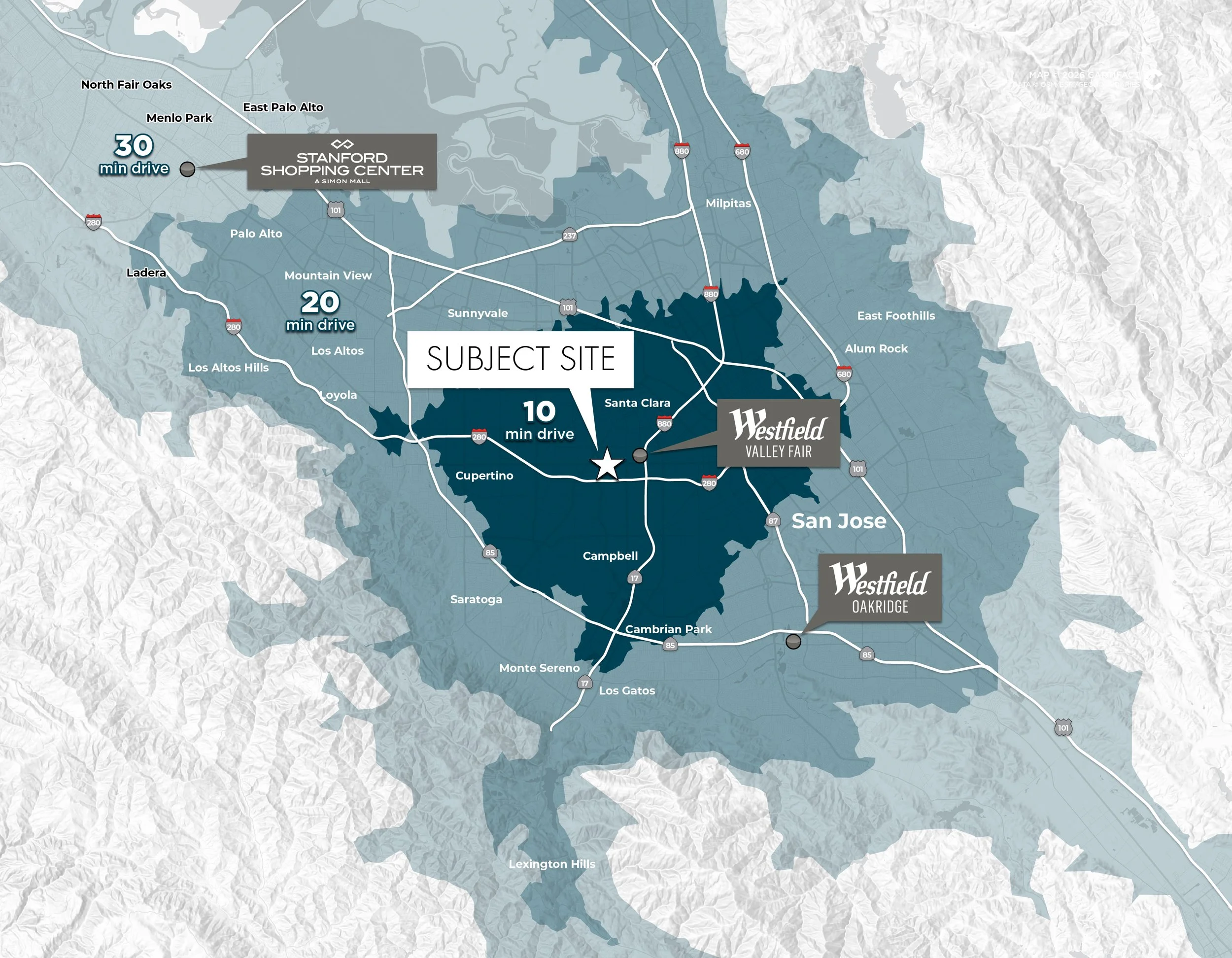 Map highlighting locations around San Jose, California. Shows travel times to nearby sites including Stanford Shopping Center, Westfield Valley Fair, Westfield Oakridge, and various neighborhoods and highways.