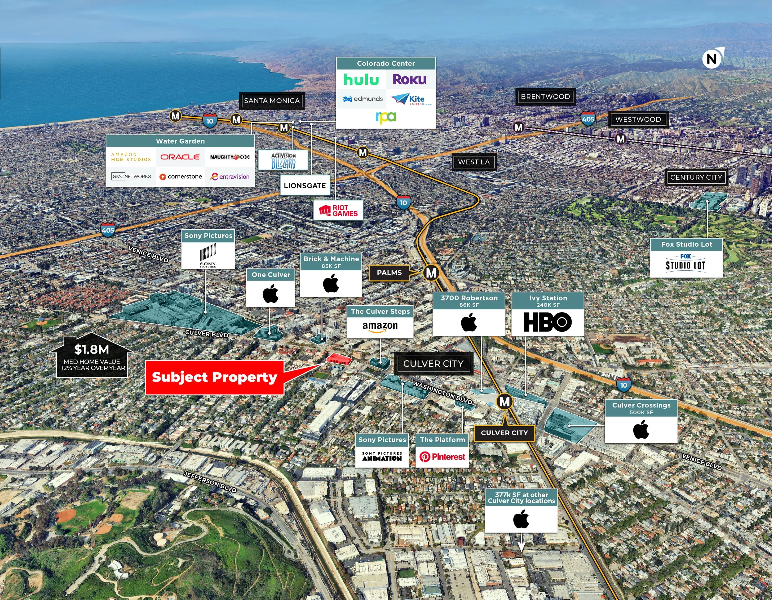 Aerial view of Culver City, California, showing various media and entertainment company buildings, highways, and surrounding neighborhoods with mountains and ocean in the background. Key landmarks include Sony Pictures, Apple, HBO, and Amazon studios