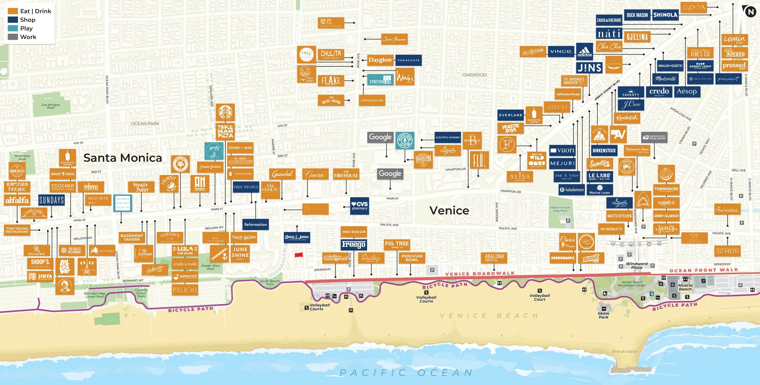 Map of Santa Monica and Venice, showing various shops, restaurants, parks, and other points of interest, with color-coded categories for eating/drinking, shopping, playing, and work.
