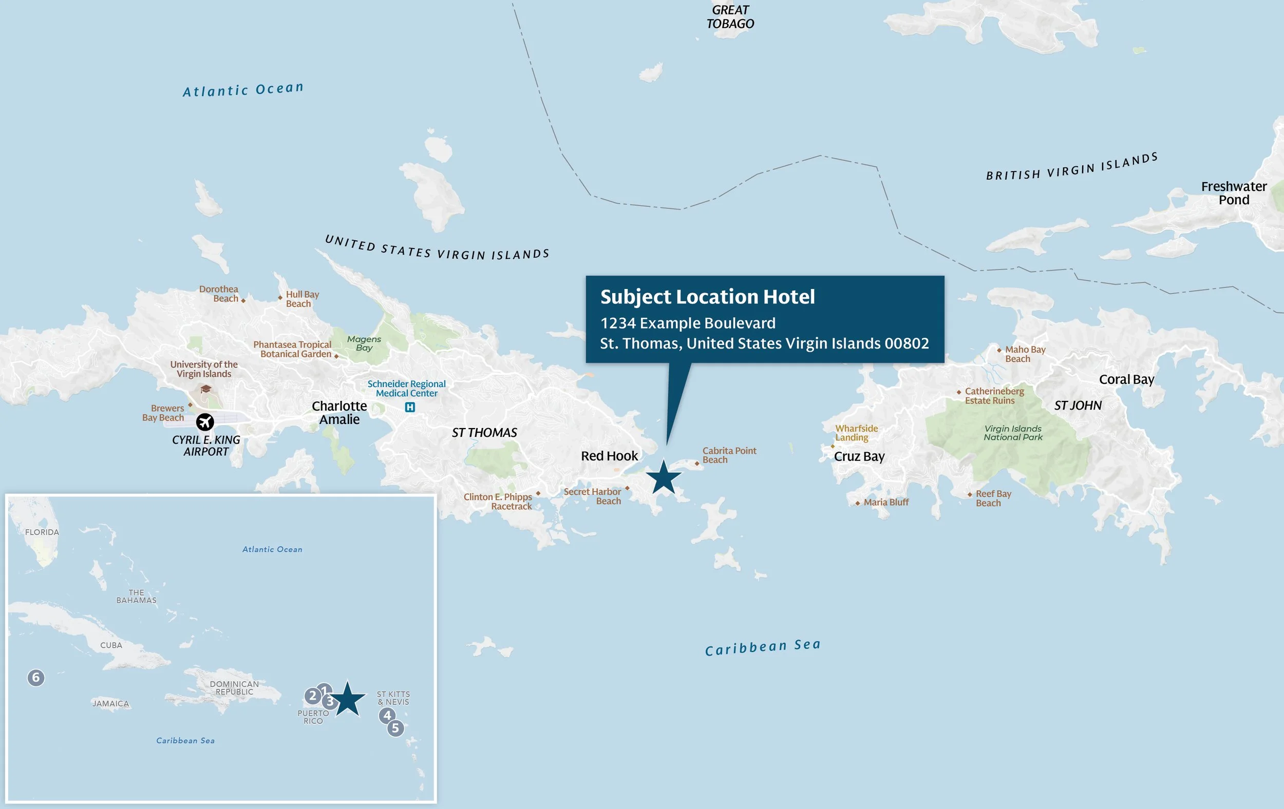 Map of the Virgin Islands indicating locations of the hotel and nearby beaches and landmarks, with an inset showing the Caribbean region.