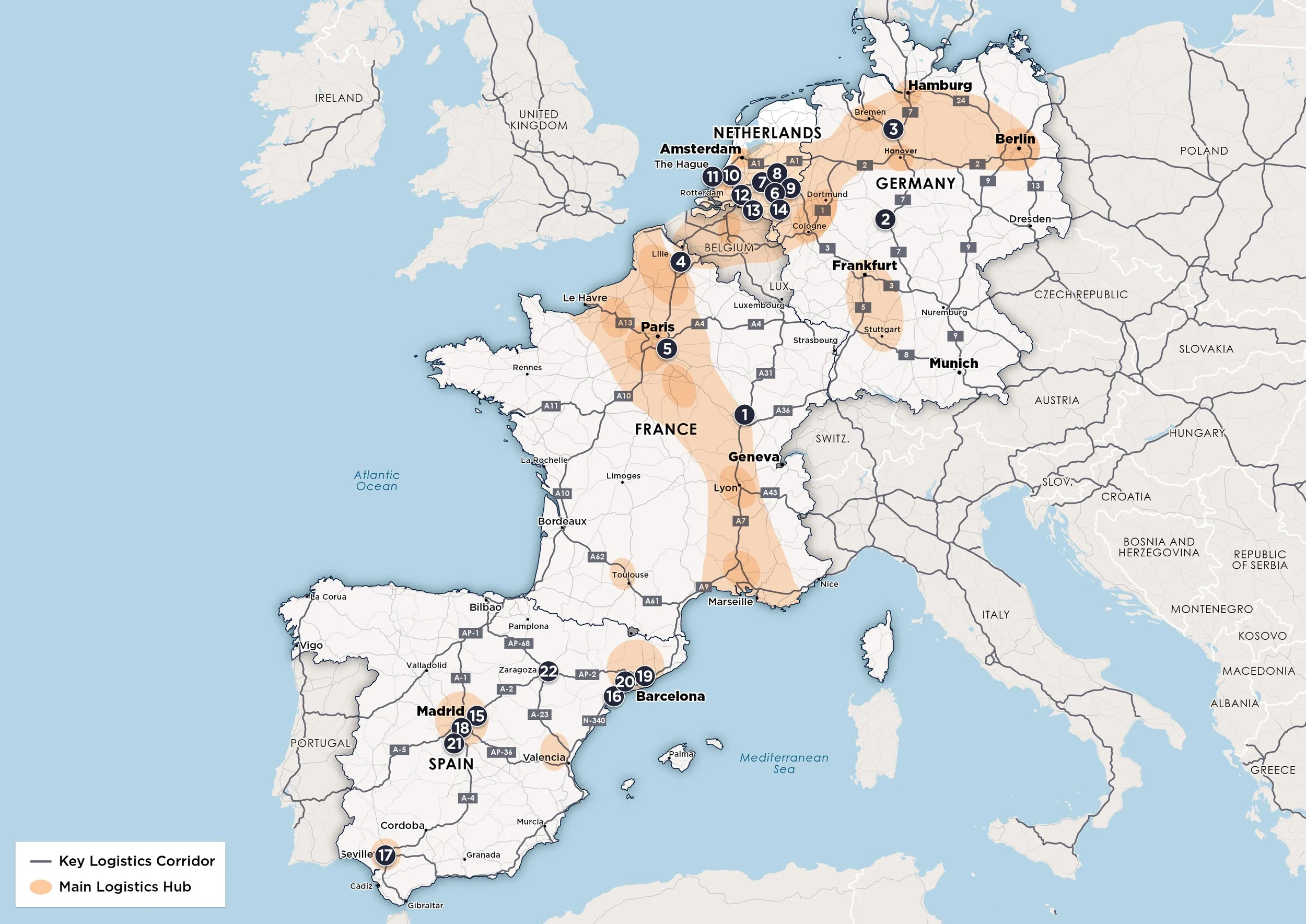 Map of Europe showing key logistics corridors and main logistics hubs across countries such as France, Germany, Netherlands, Belgium, Spain, Portugal, and Italy, with key locations labeled and highlighted.