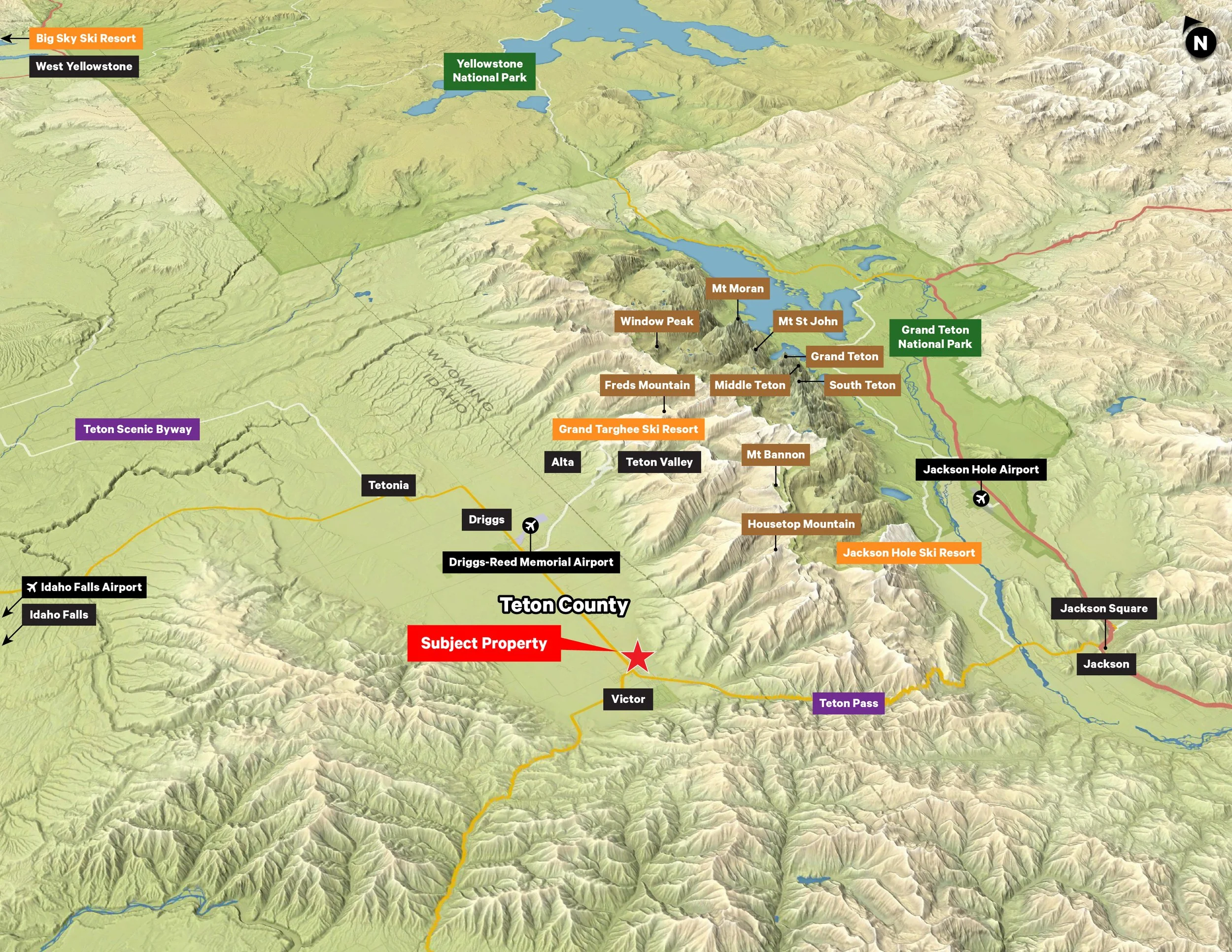Map of Grand Teton National Park and surrounding areas in Wyoming, showing mountain peaks, lakes, roads, airports, ski resorts, and property designation with a red star indicating a subject property.