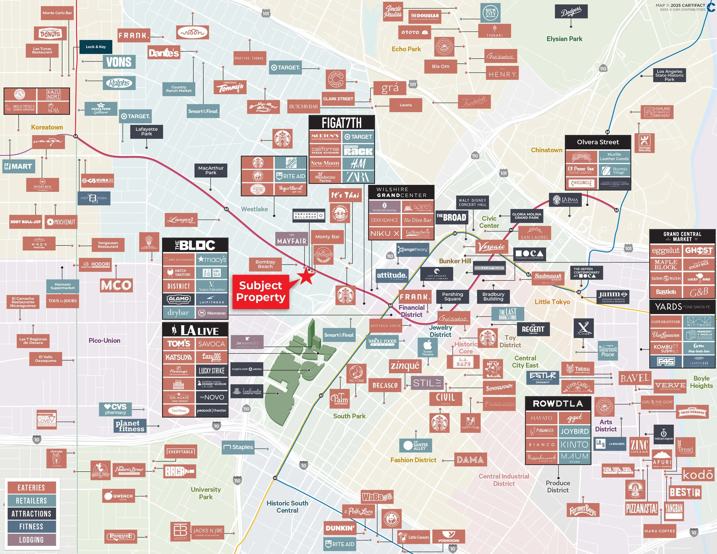 Map of Los Angeles with neighborhood labels, businesses, attractions, and landmarks such as Starbucks, Target, Trader Joe's, Staples, and Disney Concert Hall, along with various district names and transportation routes.