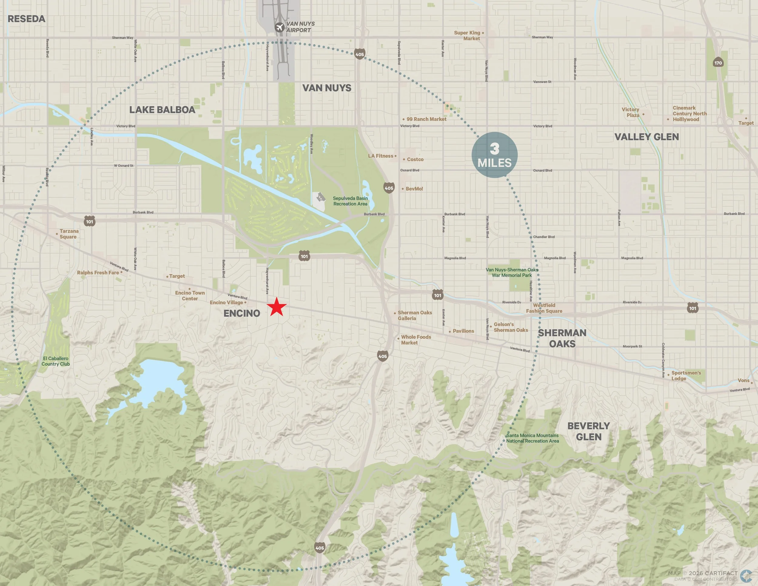 Map showing the area around Van Nuys, Encino, Sherman Oaks, and surrounding neighborhoods. Key landmarks include Sepulveda Basin Recreation Area, and several shopping centers like Target and Costco. The map indicates a distance of 3 miles between cer