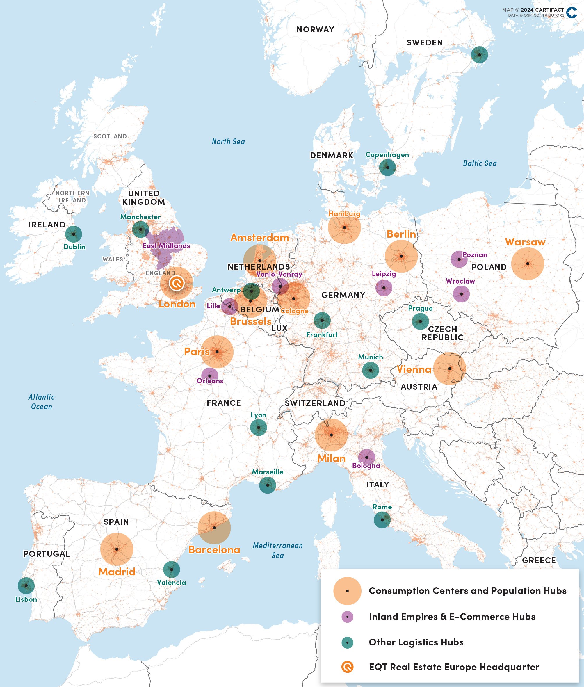 Map of Europe and surrounding regions showing various logistics hubs, consumption centers, inland empires, and e-commerce hubs marked with colored circles and labels. Key cities like London, Berlin, Paris, Madrid, and Rome are highlighted, along with