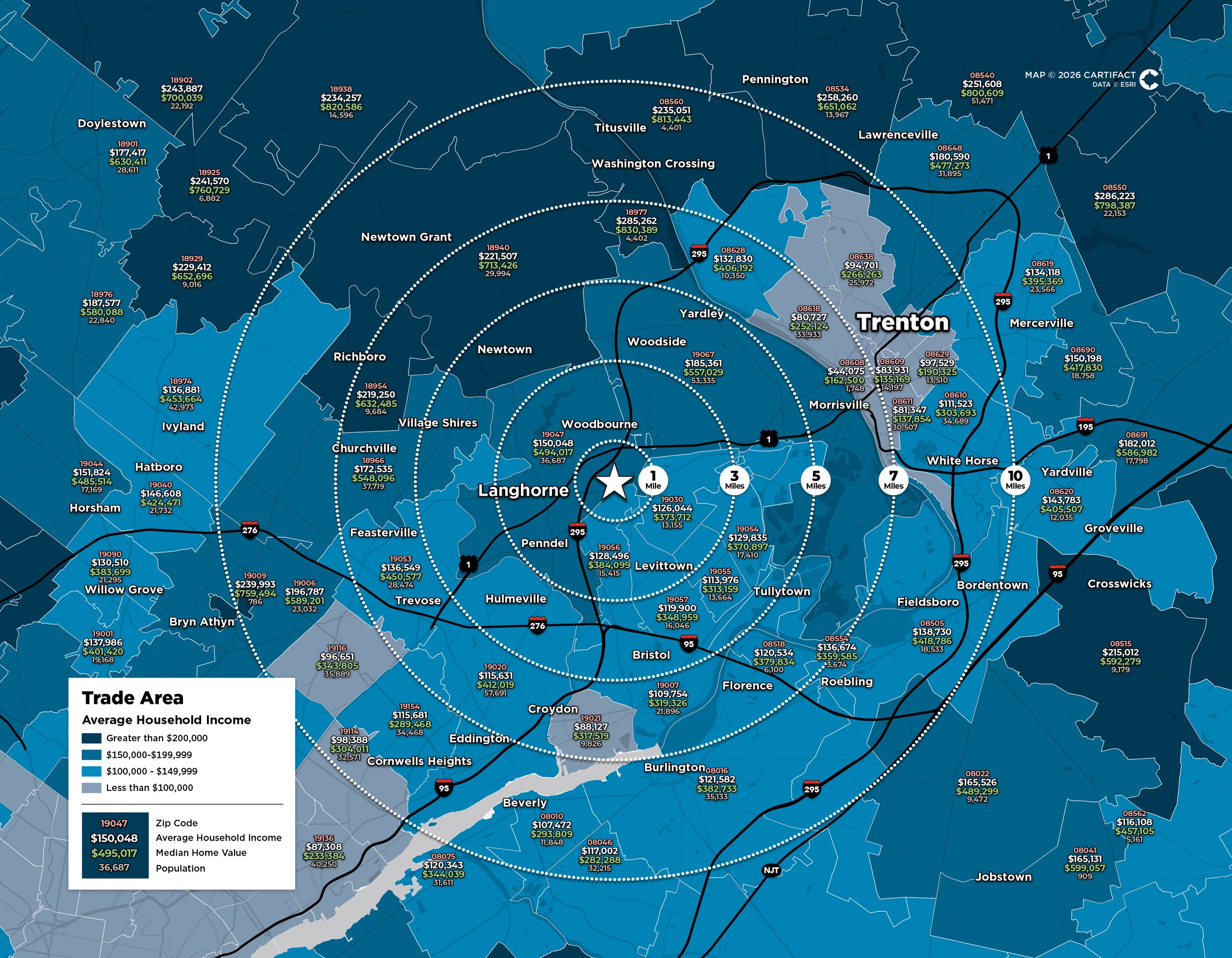Map of a region showing various towns, zip codes, and population data. The map displays average household income, median home value, and population in different areas, with color coding based on income levels. Major highways and a trade area circle a