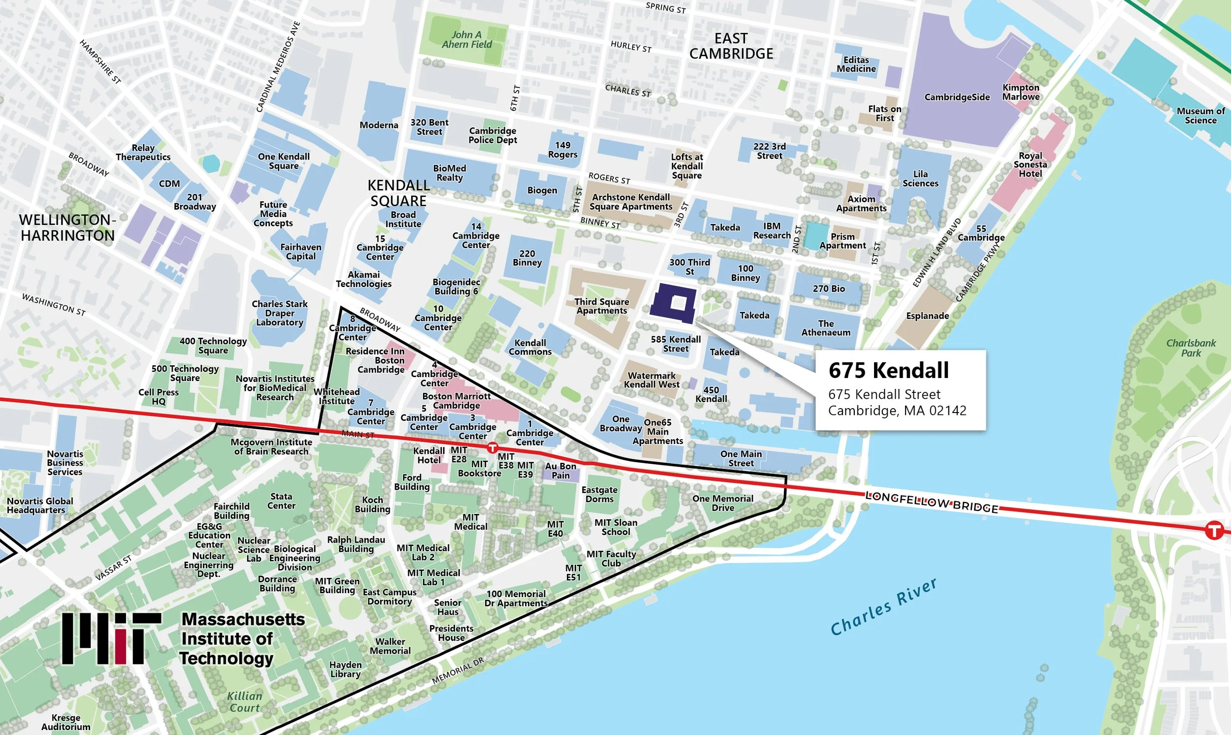 Map of MIT campus in Cambridge, MA, showing buildings, streets, and landmarks including Kendall Square, Massachusetts Institute of Technology, Charles River, and nearby neighborhoods and facilities.