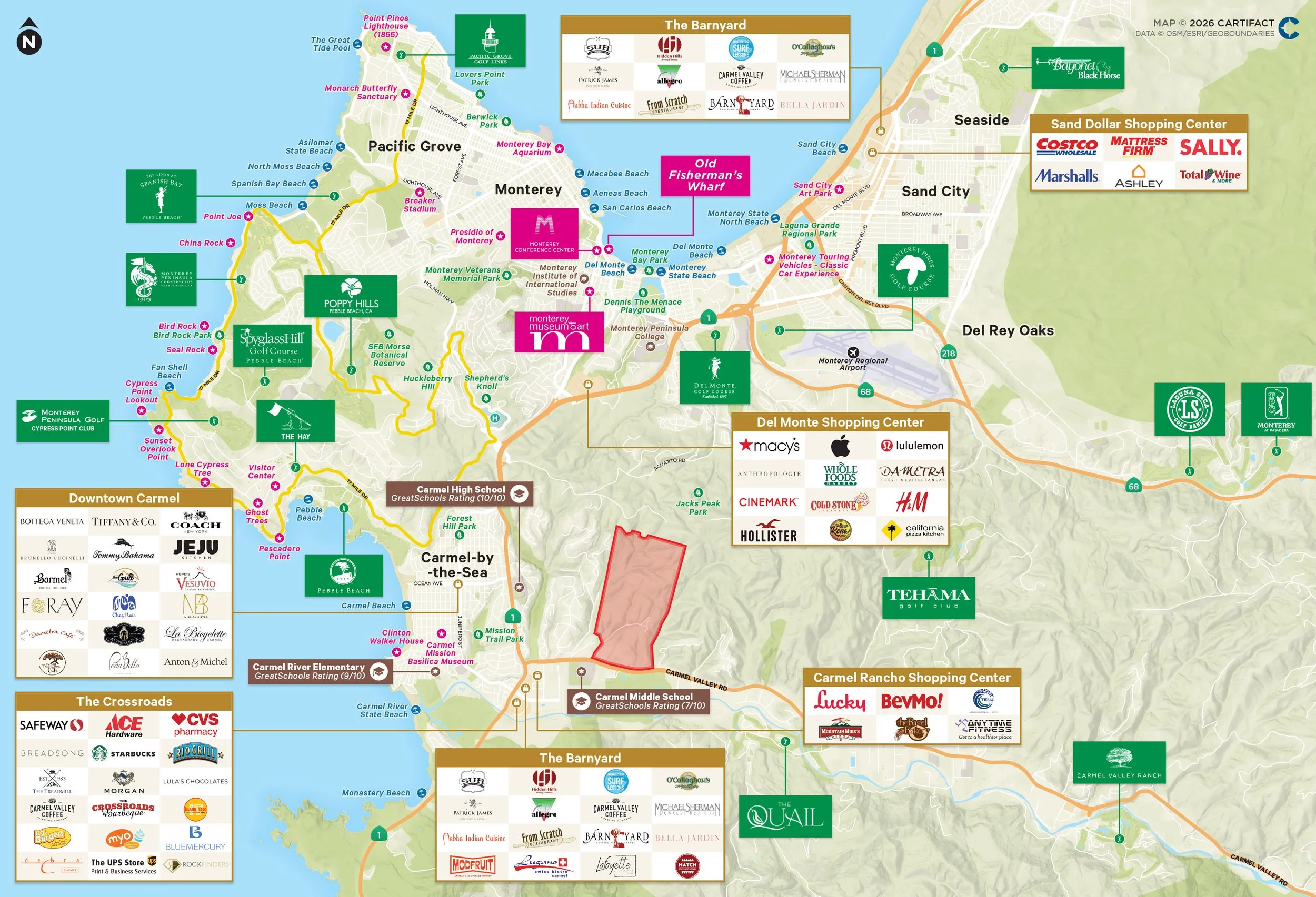 Map of Carmel, California, showing various neighborhoods, parks, schools, golf courses, shopping centers, restaurants, and points of interest with labels and logos, including Pacific Grove, Monterey, Seaside, Del Rey Oaks, Carmel-by-the-Sea, and Carm