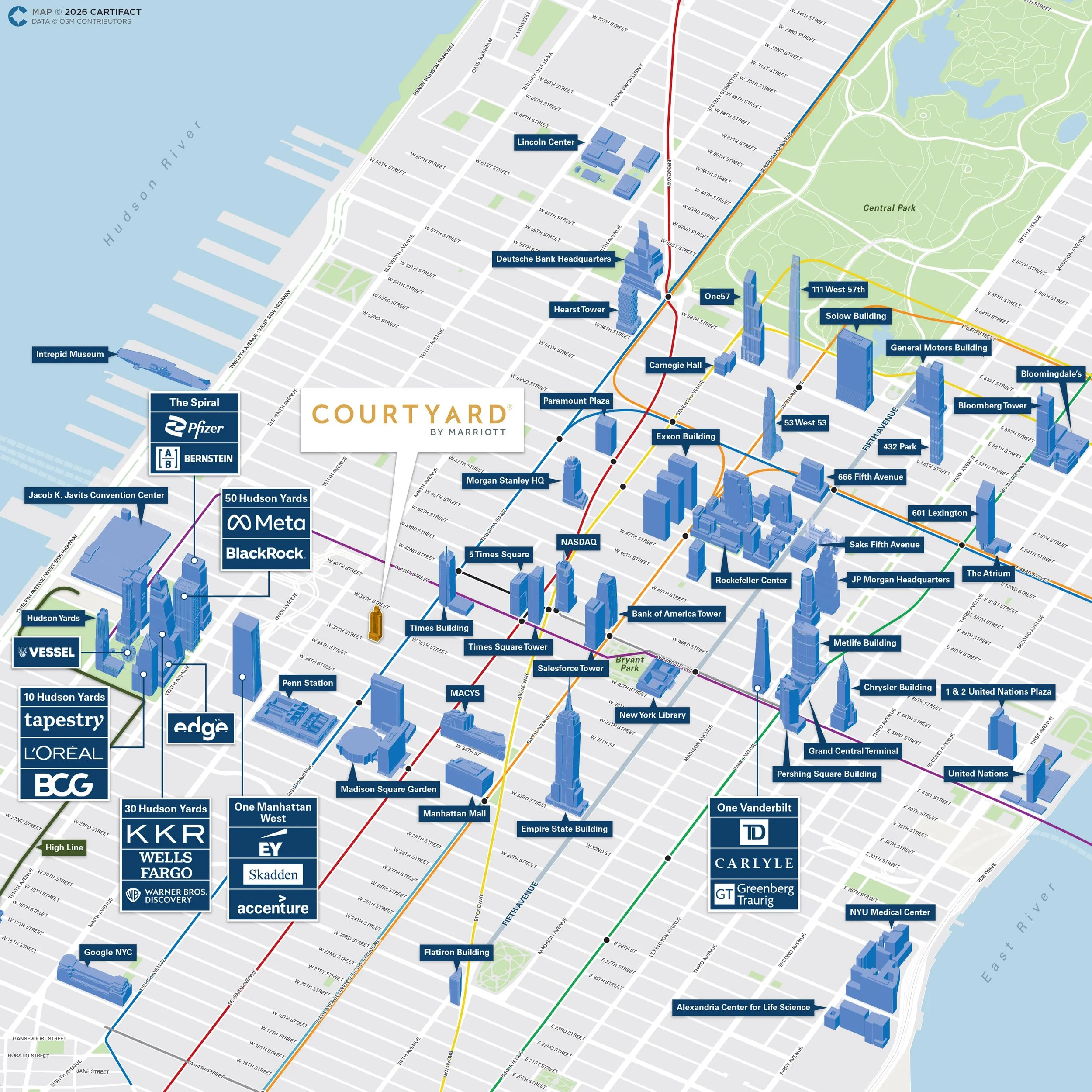 A detailed map of Manhattan, New York City, highlighting landmarks, corporate offices, and neighborhoods, with street names and transit lines.