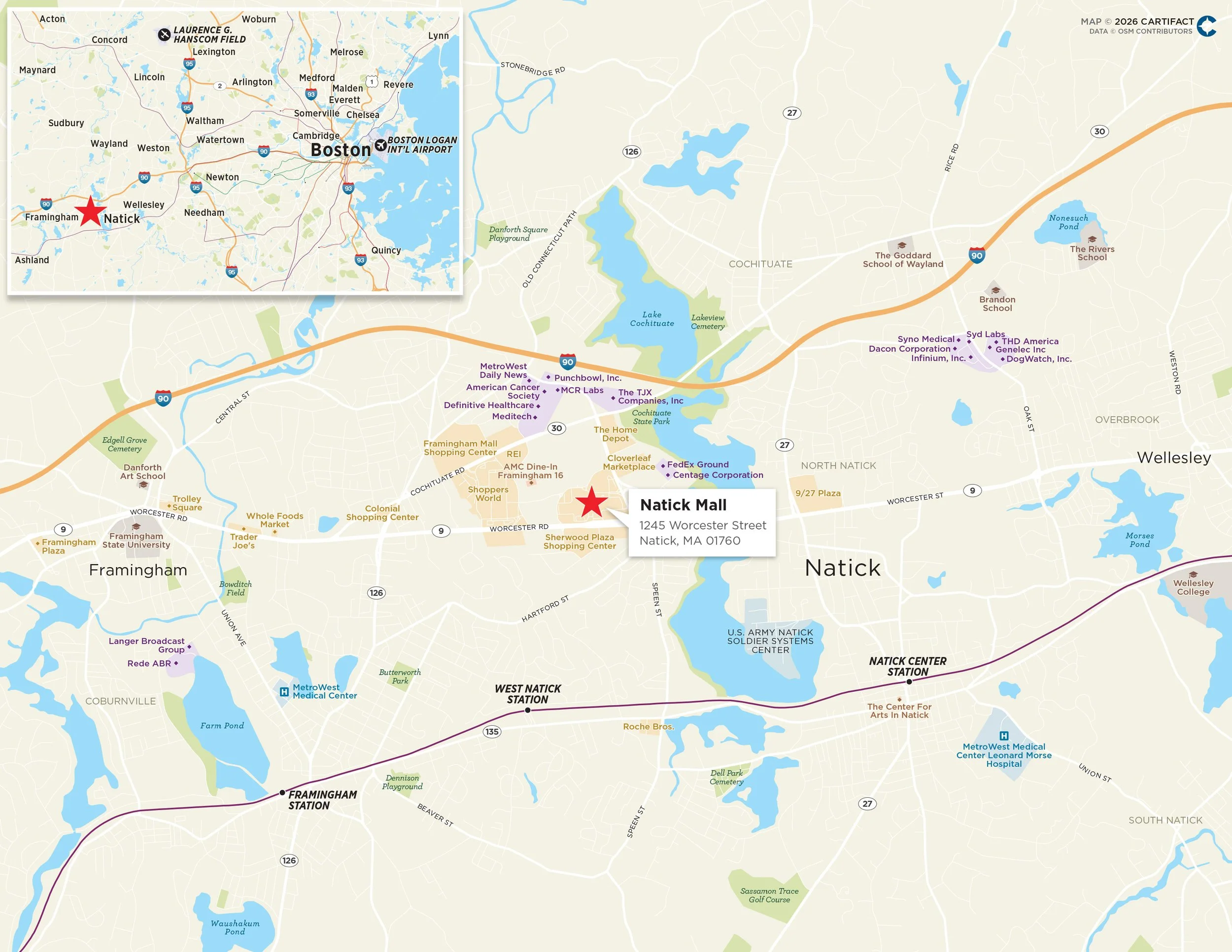 Map showing the locations of Natick Mall at 1245 Worcester Street, Natick, MA, and nearby landmarks including Framingham State University, hospitals, lakes, parks, and the regional transportation system. The inset map highlights the area around Bosto