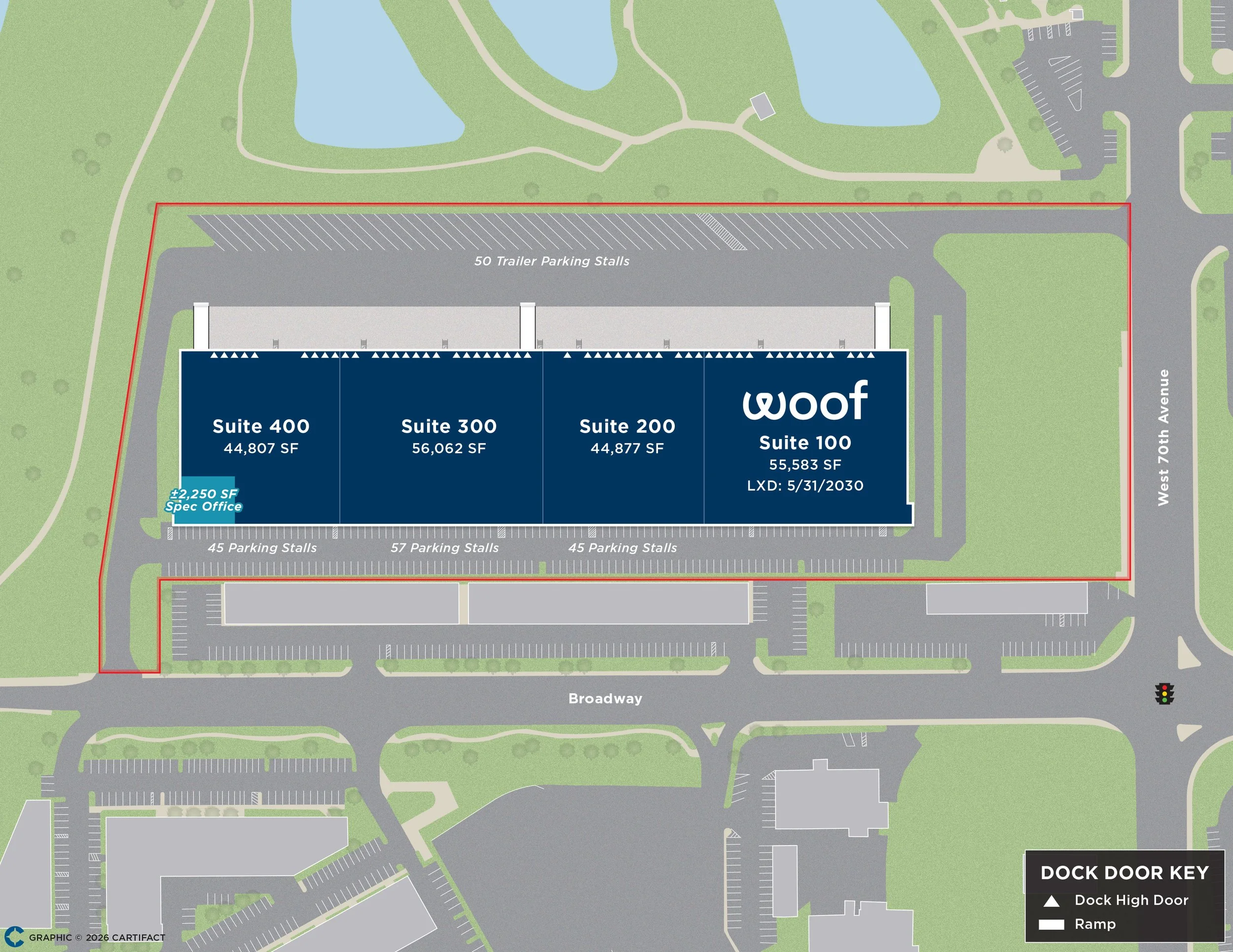 Site map showing parking areas, building suites, a road named Broadway, and green spaces with lakes. The main building has suites 100 to 400 and a specification office. Parking is designated for trailers and regular vehicles.
