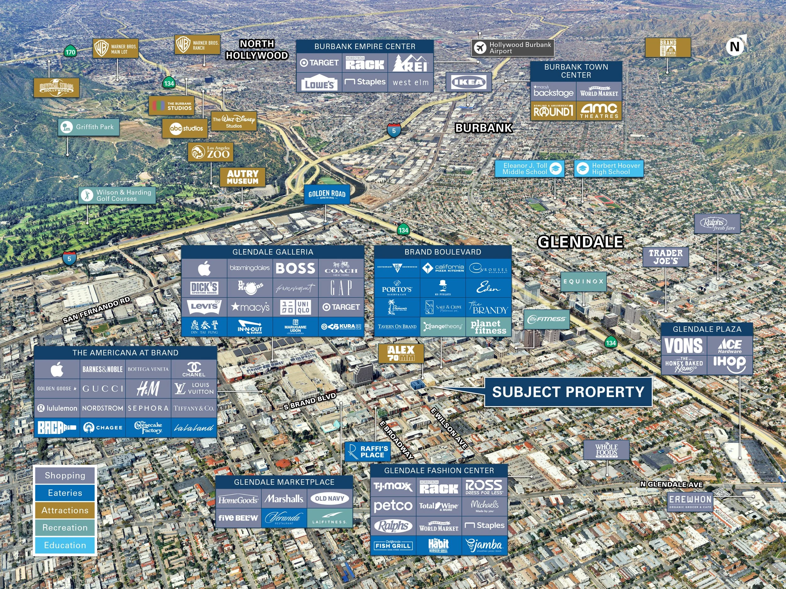 Annotated aerial map of Glendale, California, highlighting landmarks, shopping centers, restaurants, attractions, and educational institutions with labeled streets and highways.