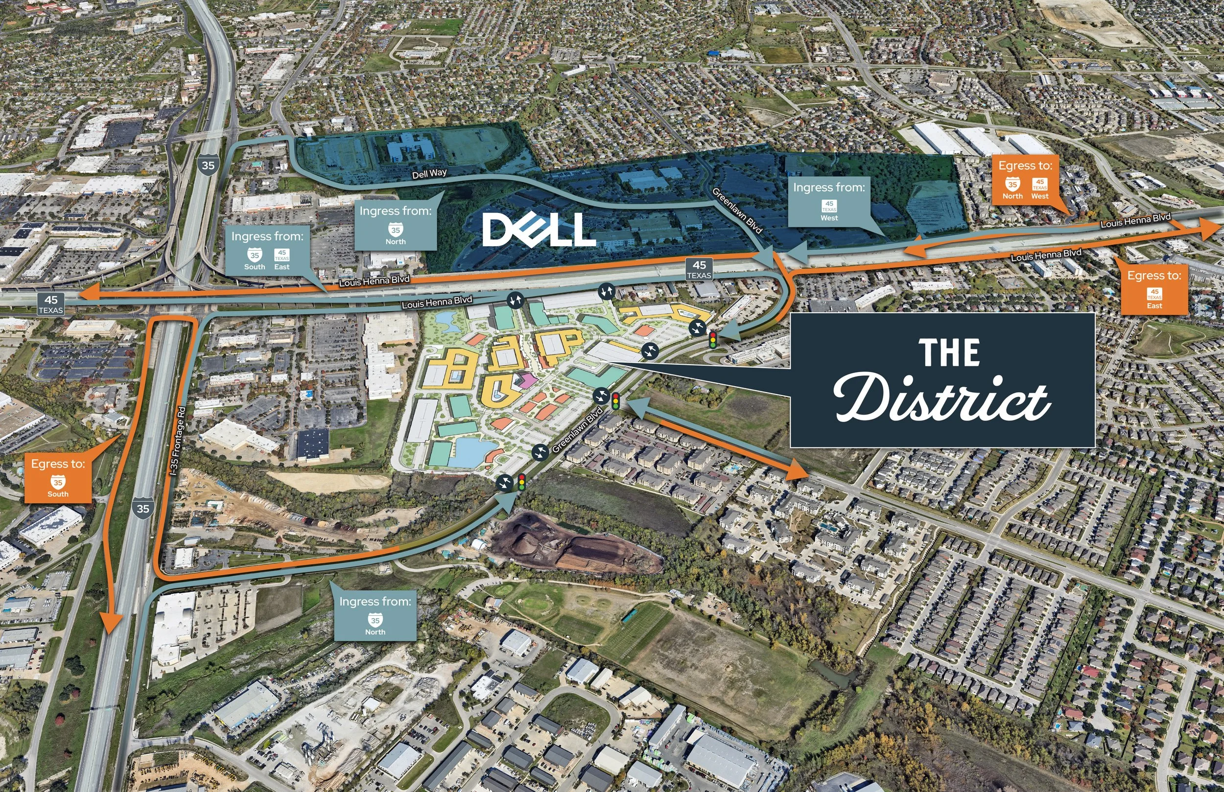 Aerial map showing highway exits and entrances, with detailed routes, labels, and surrounding urban area with roads and buildings.