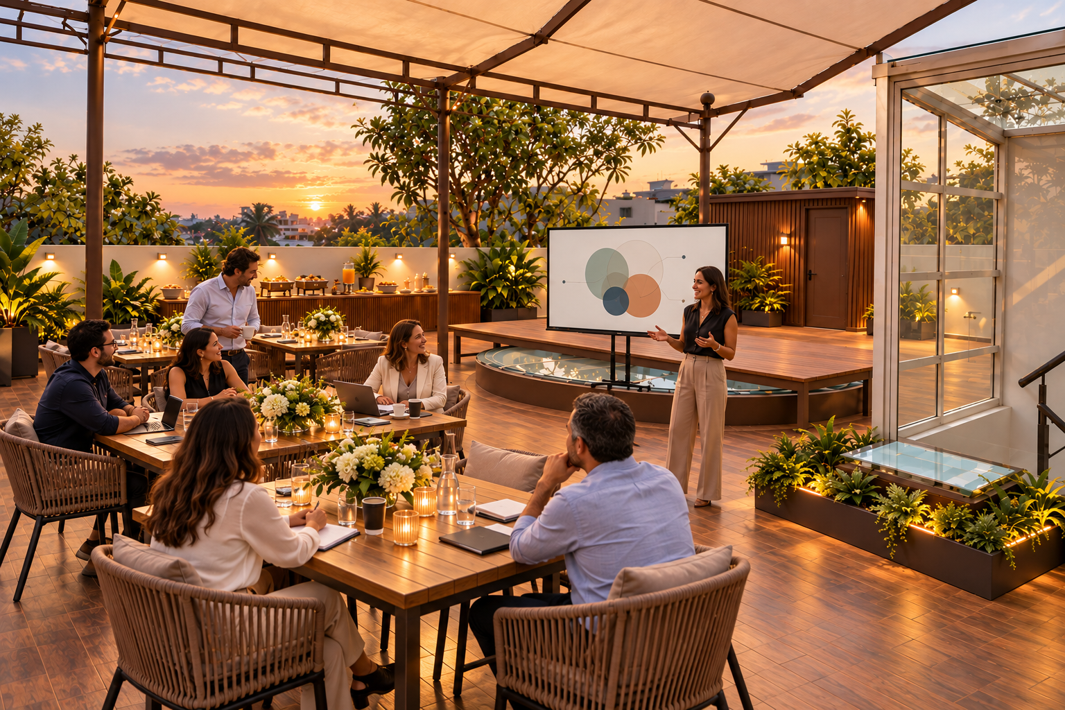 Reunión de negocios en una terraza al atardecer, con una mujer presentando una gráfica en una pantalla y varias personas escuchando atentas en una mesa decorada con flores y velas.