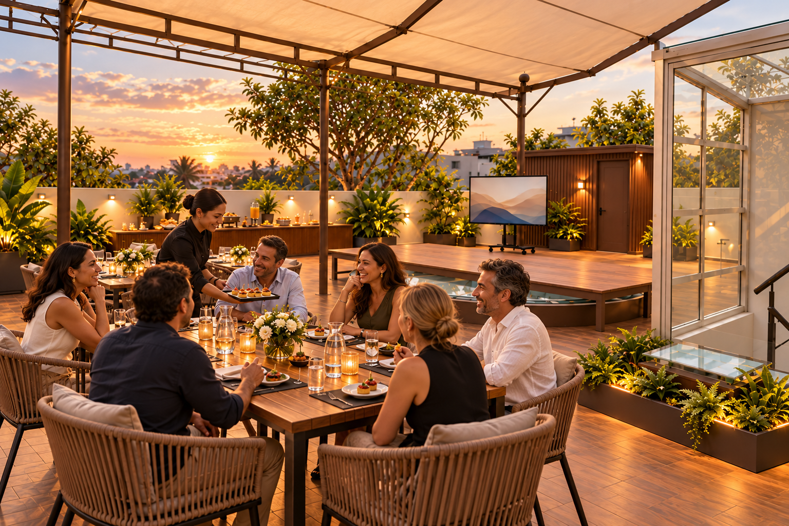 Cena en terraza con cena entre amigos mientras atardece, con decoración y plantas verdes.