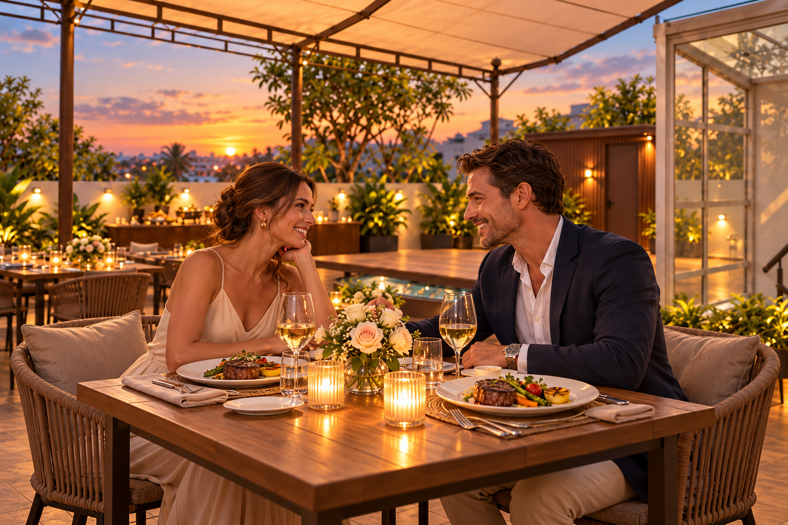 Pareja disfrutando de una cena romántica en un restaurante al atardecer, con velas y flores en la mesa.