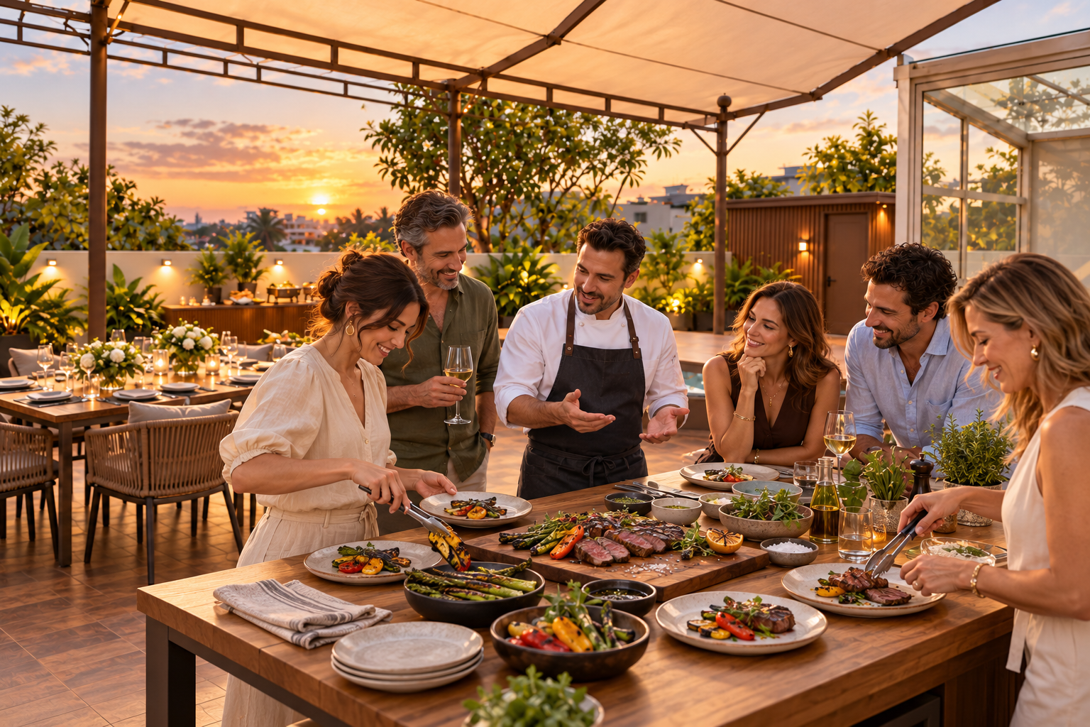Grupo de personas cenando en una terraza al atardecer con un chef mostrando una comida en una mesa decorada con plantas y velas.