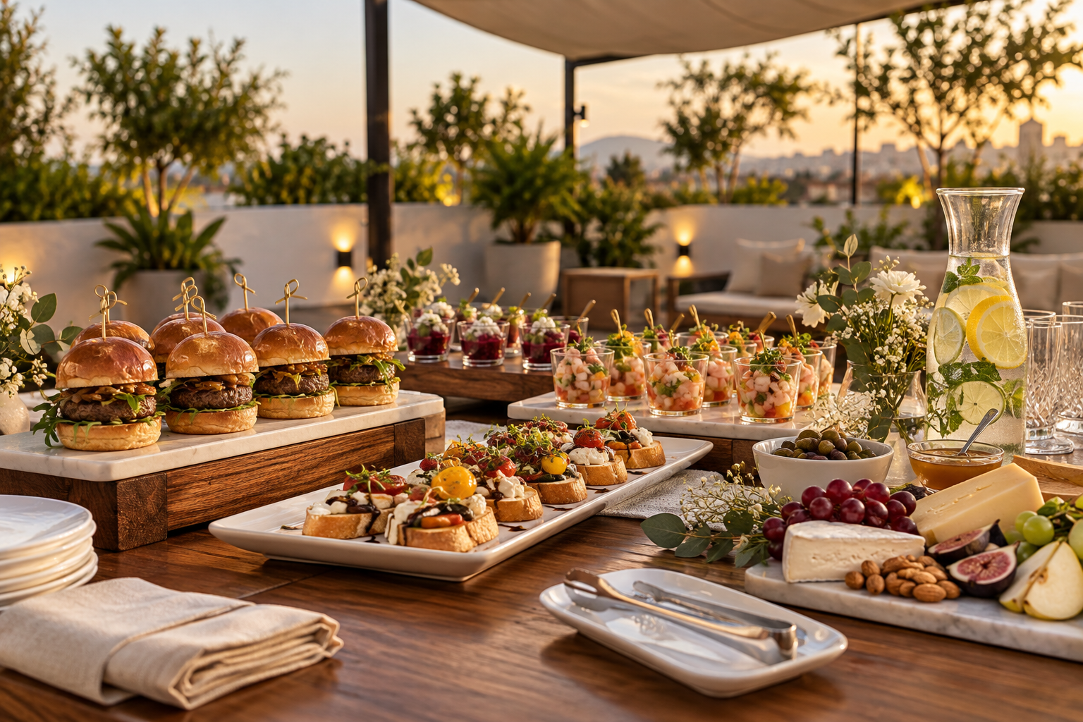 Mesa con variedad de bocadillos, frutas, y bebidas en un ambiente al aire libre durante el atardecer.