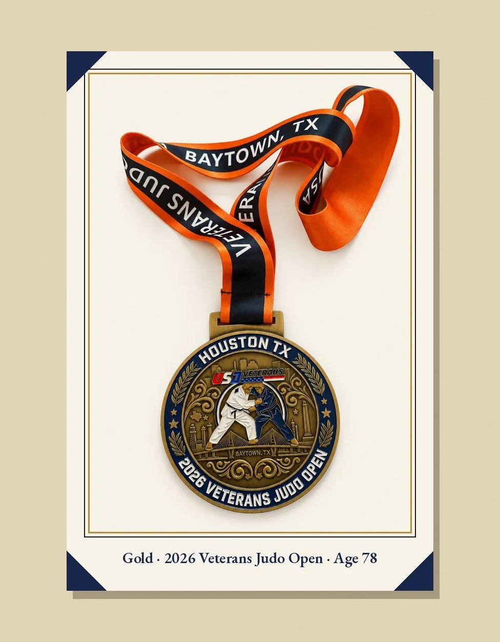 Nabil's gold medal from the 2026 Veterans Judo Open in Houston, Texas, won at age 78