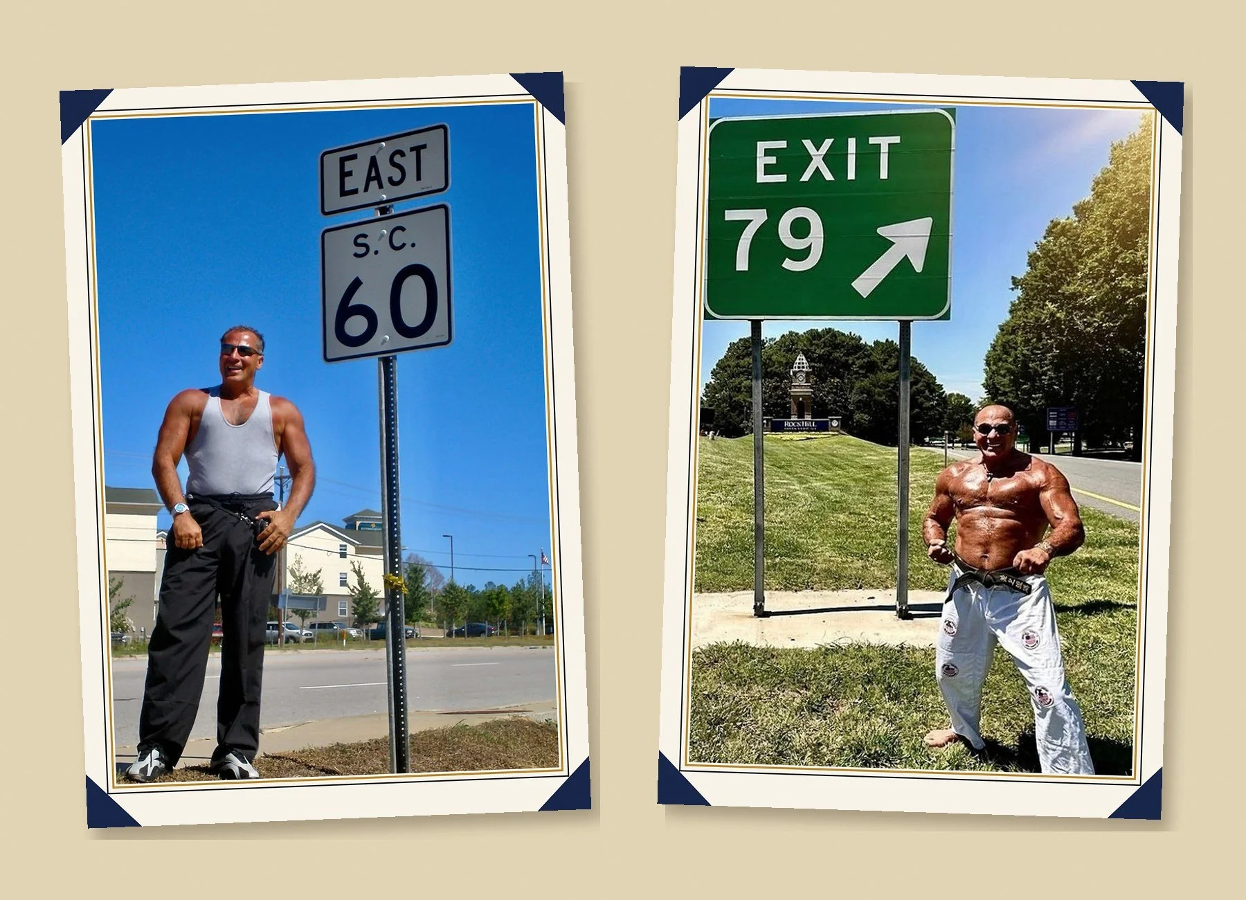 Two photos side by side: Nabil at 60 beside a South Carolina Route 60 sign, and at 79 beside the Exit 79 sign in Rock Hill, South Carolina, visibly more muscular