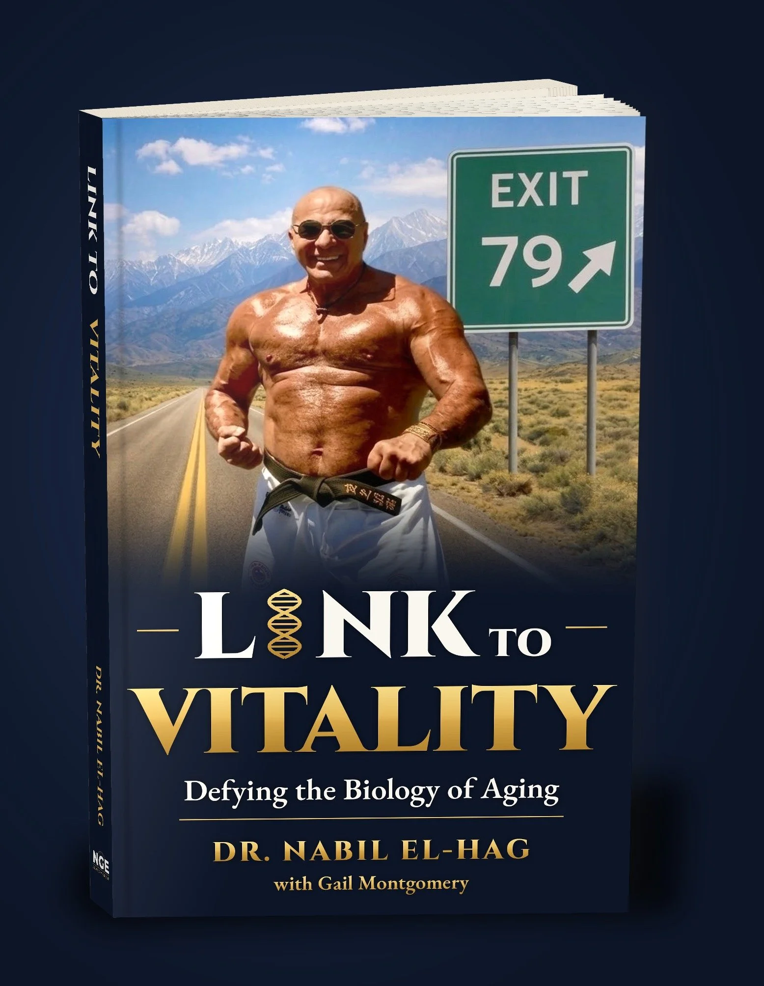 The book Link to Vitality: Defying the Biology of Aging, by Dr. Nabil El-Hag with Gail Montgomery, shown slightly open