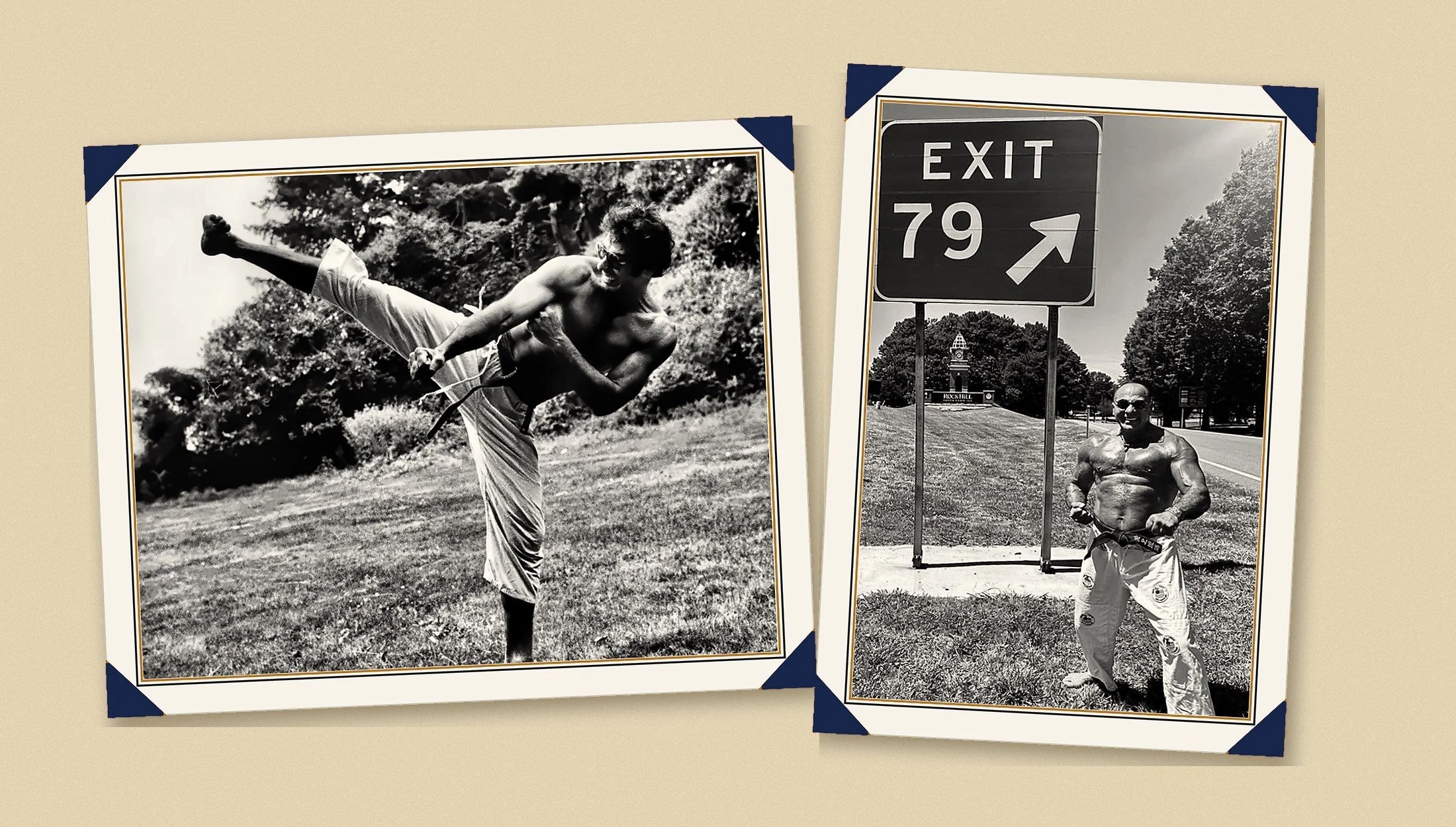 Then and now: Nabil at 32 throwing a high kick on the grounds of General Foods headquarters, and at 79 beside the Exit 79 sign in Rock Hill, South Carolina