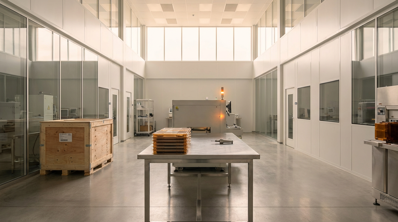 Empty laboratory room with stainless steel table, stacks of sample trays, a large machine at the back, and glass walls and doors.