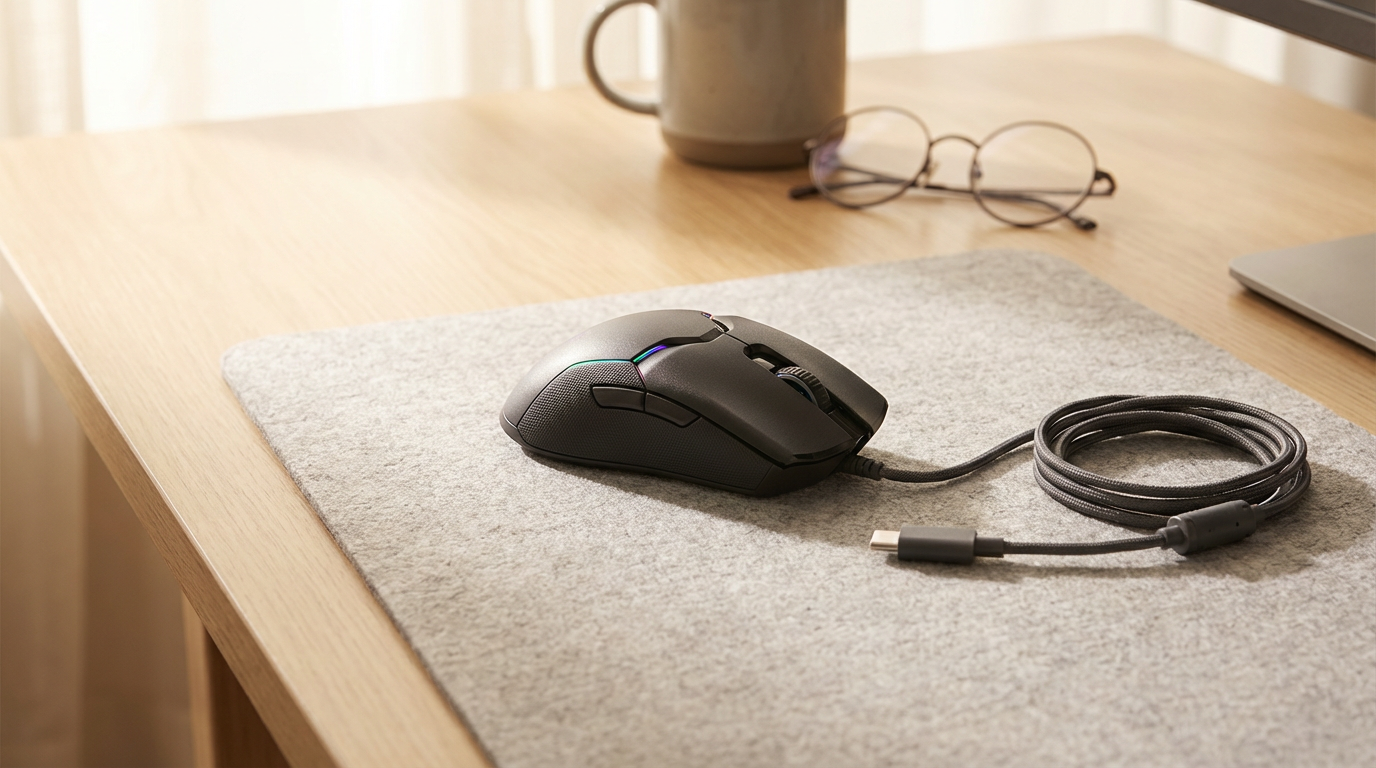 Computer mouse with braided cable on a desk, with glasses, mug, and closed laptop in the background.