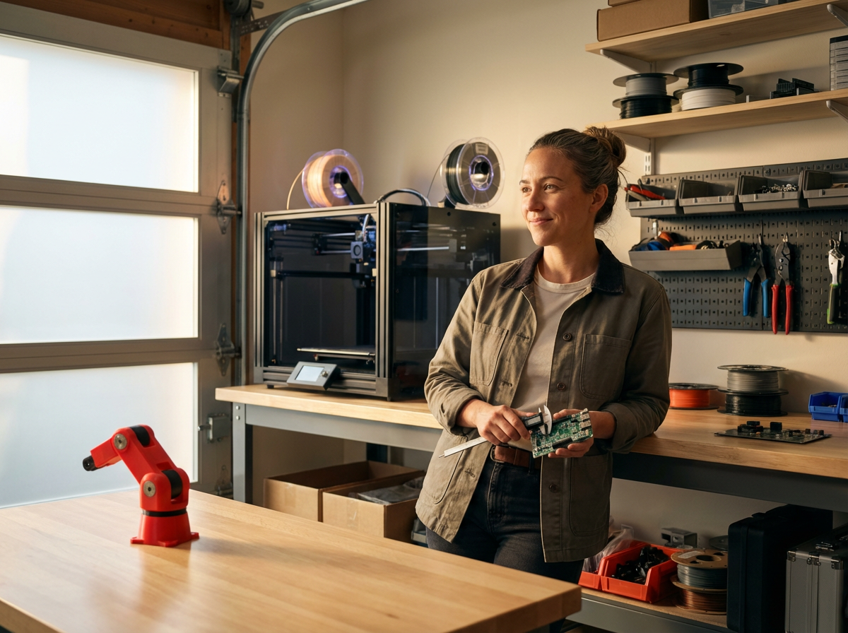 A woman in a workshop holding a circuit board and a caliper, standing next to a workbench with a small red robotic arm. Behind her, a 3D printer and various tools are visible on shelves and a pegboard.