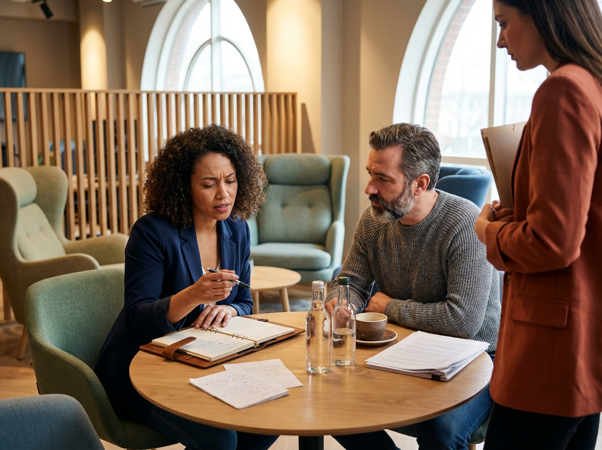 Three people seated at a round table in a cozy room; one woman speaking with notes in front, a man listening with a coffee mug, and a woman standing holding a folder, engaging in a serious discussion.