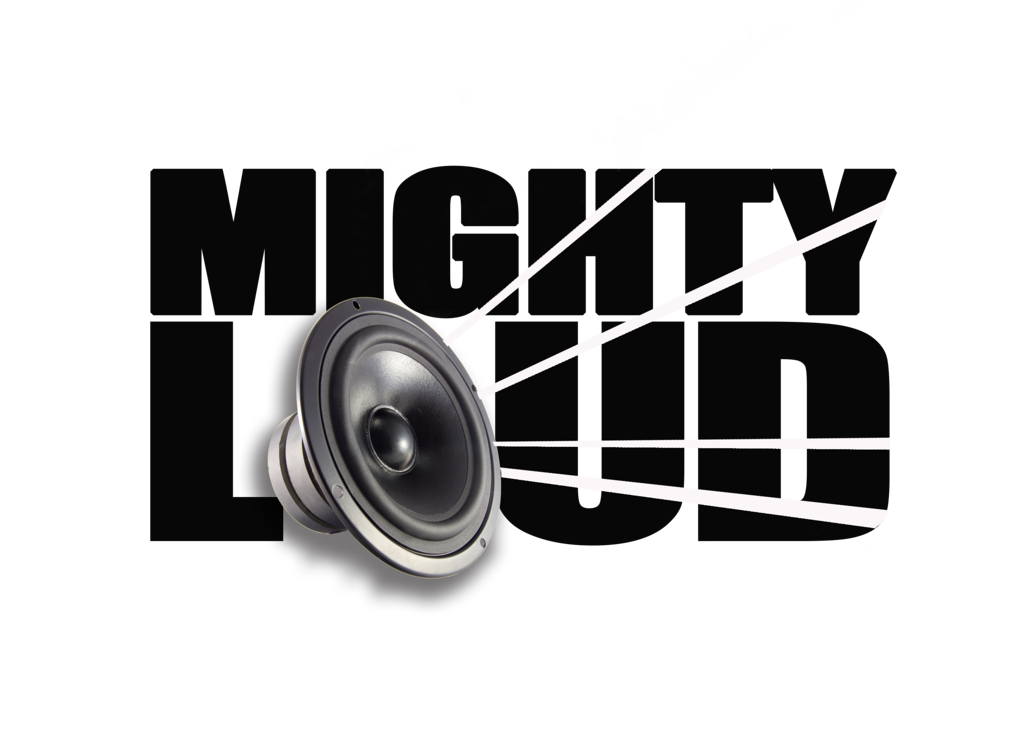 A black and white graphic with a 3D speaker in front of a stylized audio wave.