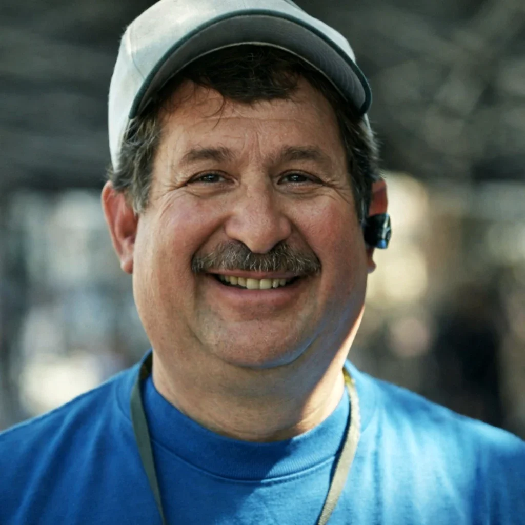 A middle-aged man smiling, wearing a light-colored baseball cap, a blue crew-neck shirt, and a headset, with blurred background.