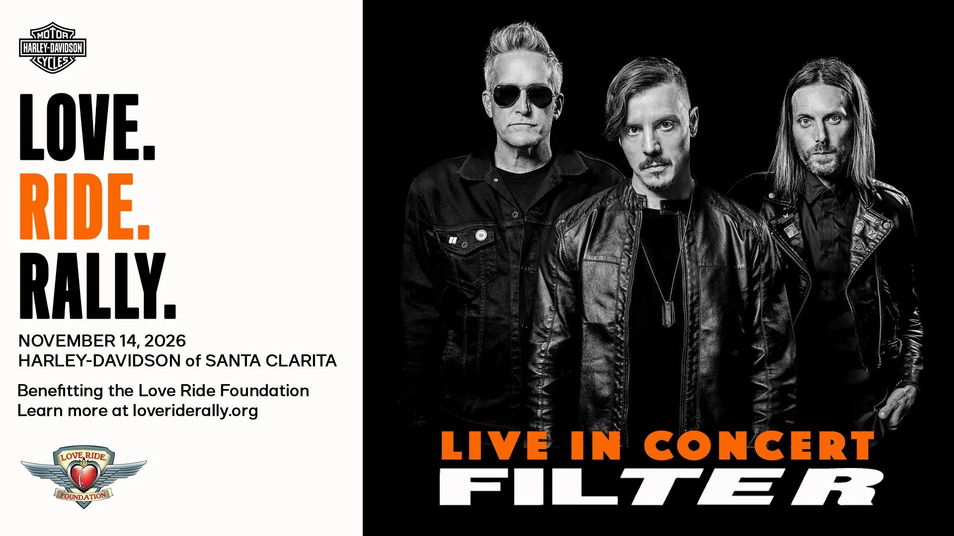 Filter live in concert at the Harley-Davidson Santa Clarita on November 14, 2026, benefiting the Love Ride Foundation. The photo features a black and white photo of the three members of the band wearing leather jackets.