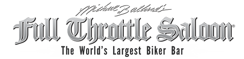 Sign for Full Throttle Saloon with slogan 'The World's Largest Biker Bar' in black and white stylized text.