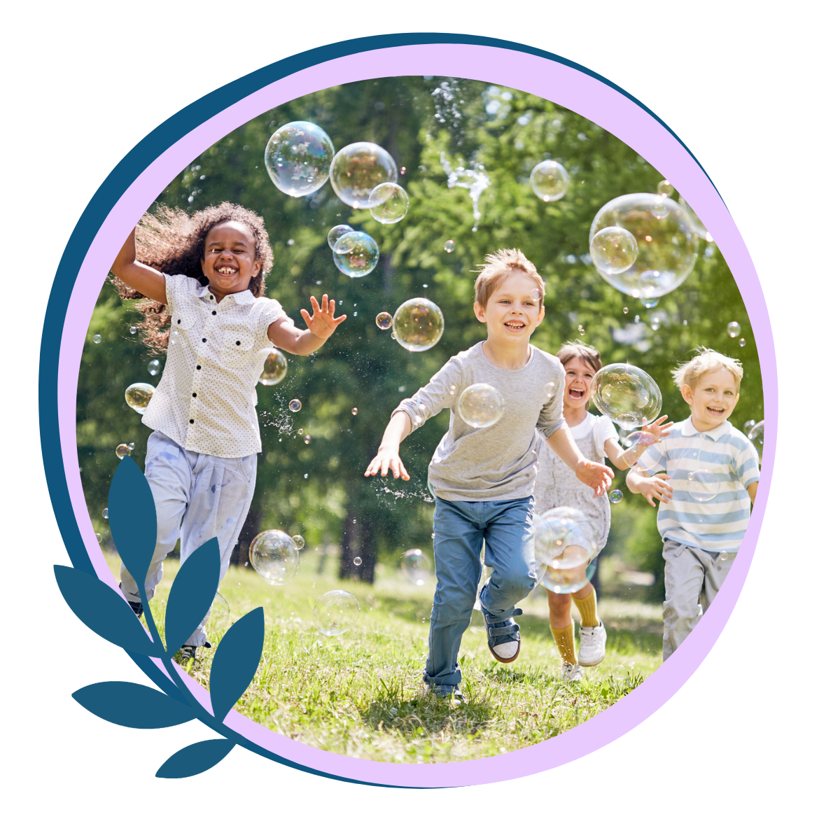 Children joyfully playing with bubbles outside on a sunny day, all the children have improved communication skills and social skills after receiving speech therapy for kids in Slidell, LA.