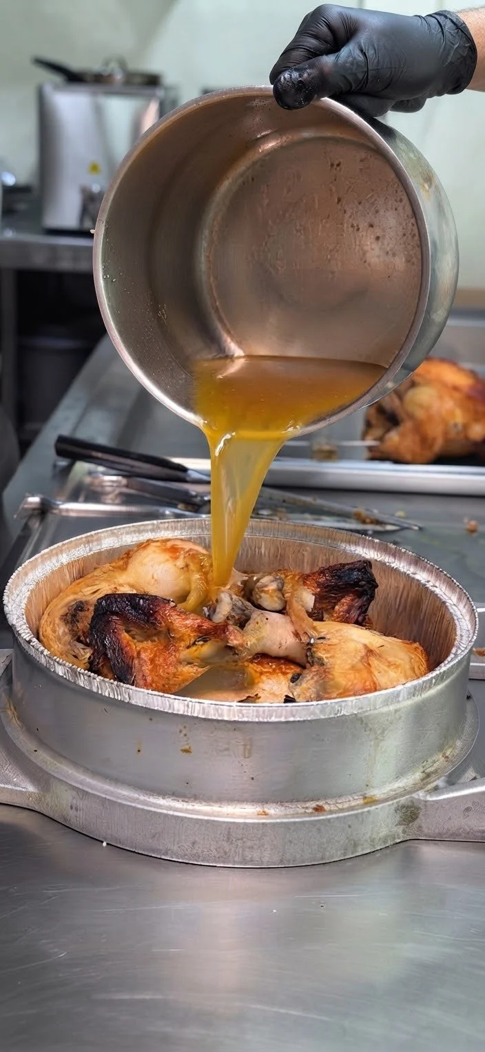 Una mano con guante vierte caldo de pollo en una bandeja con pollo asado. Fondo de cocina.