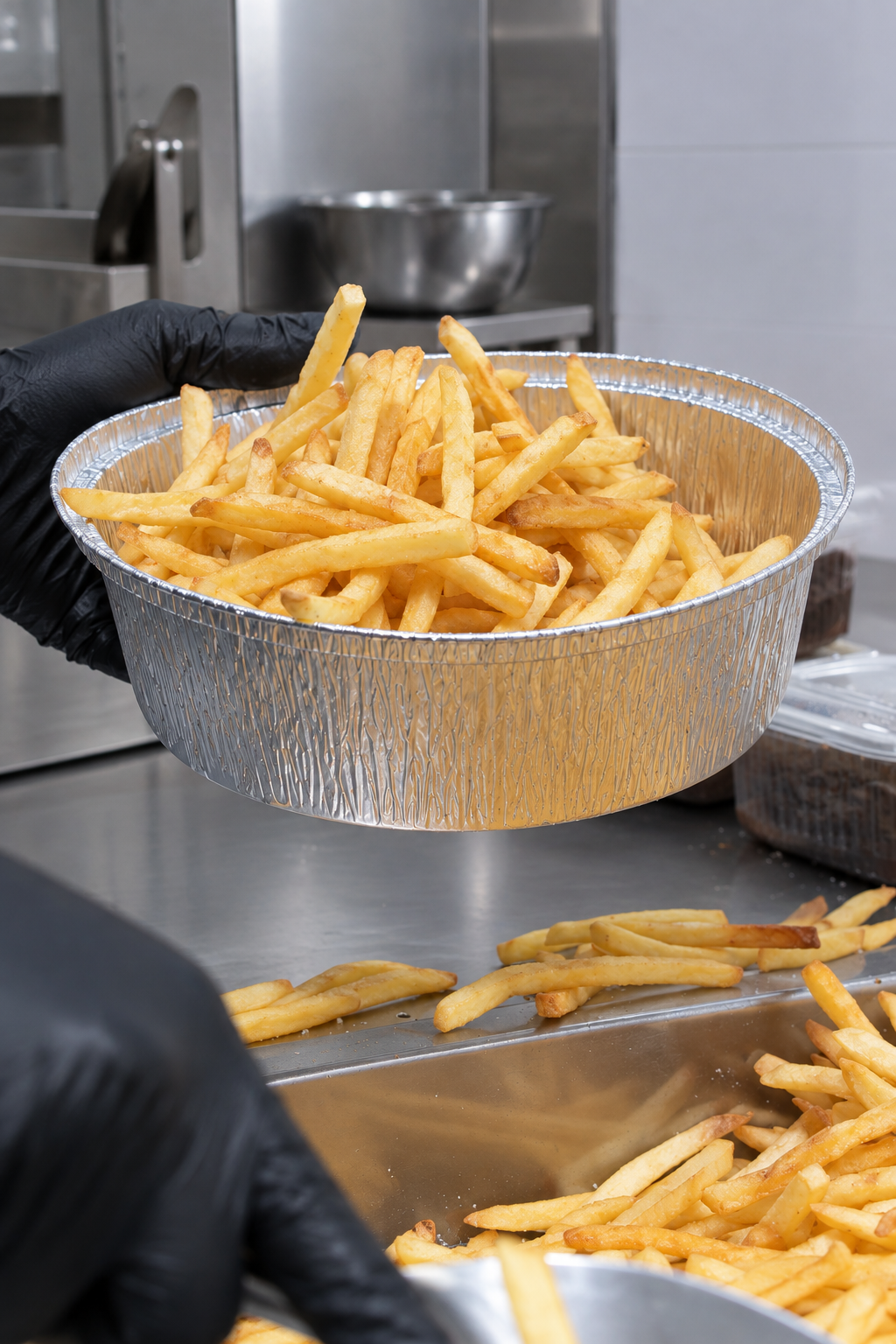 Persona con guantes negros sostiene un recipiente con papas fritas en una cocina industrial.