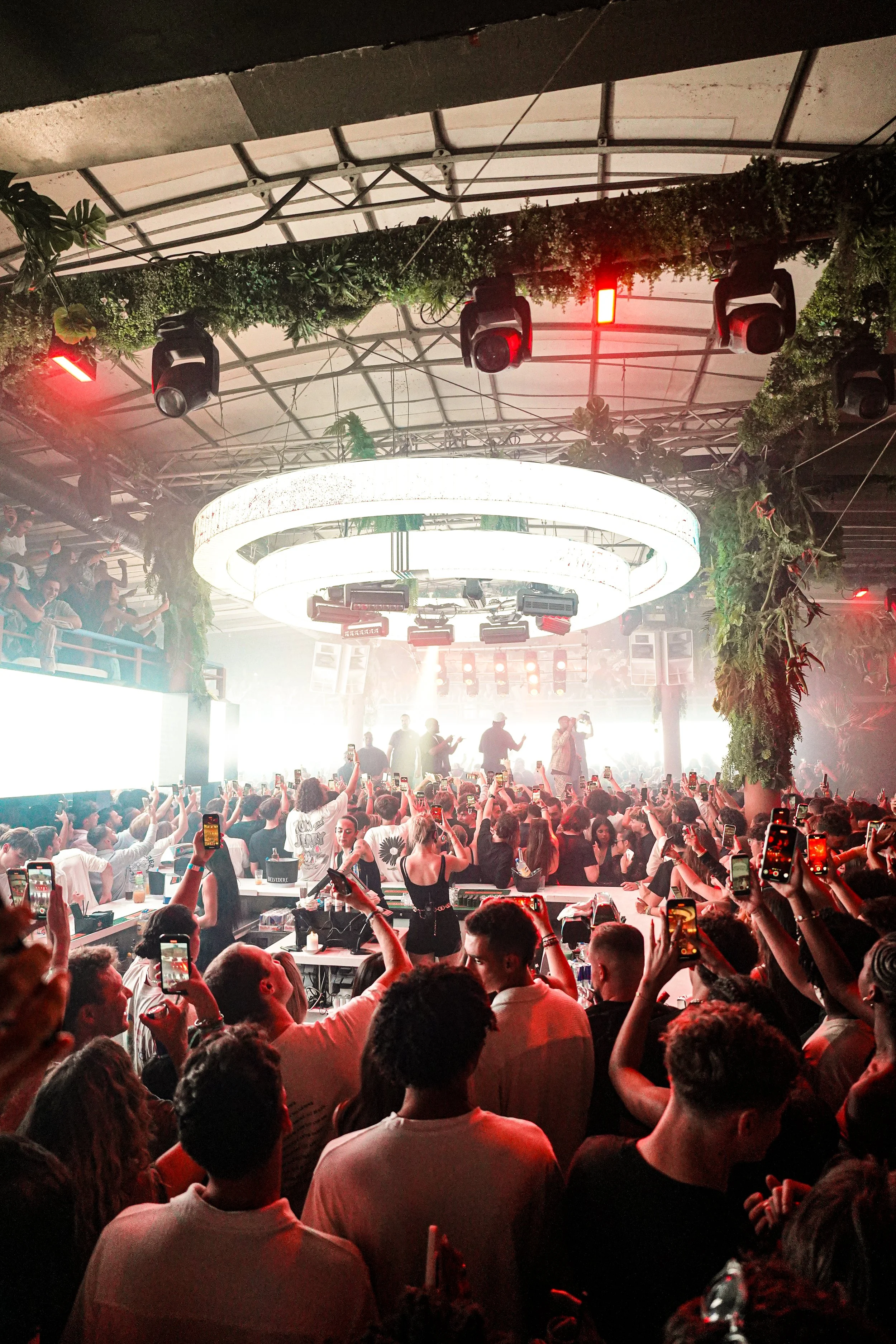 Crowd of people at a crowded nightclub or concert with raised hands and smartphones, a DJ or performer on stage, illuminated by red and white lights, with decorative greenery and circular lighting fixtures overhead.